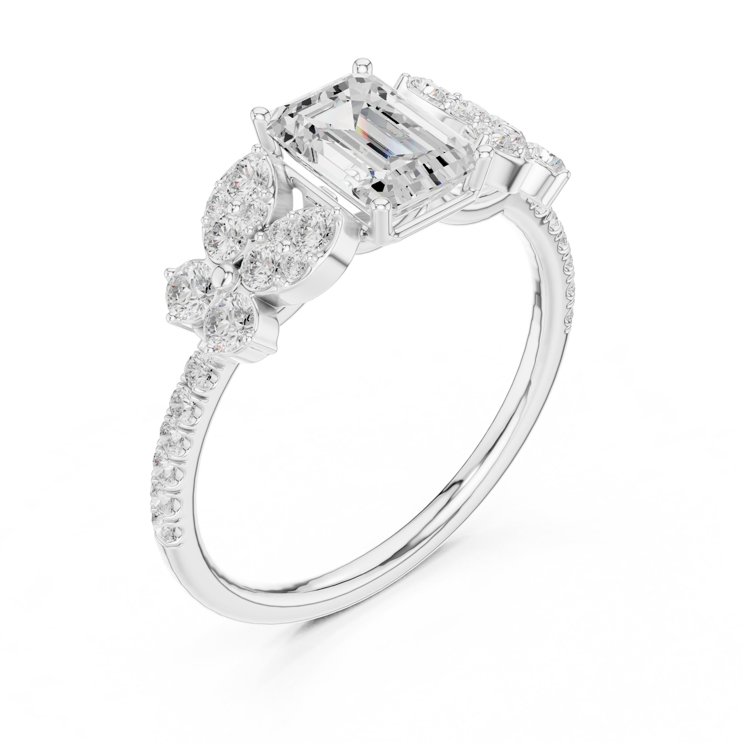 Emerald Cut Engagement Ring with Floral Side Cluster Accents in White Gold - VYKA Diamonds