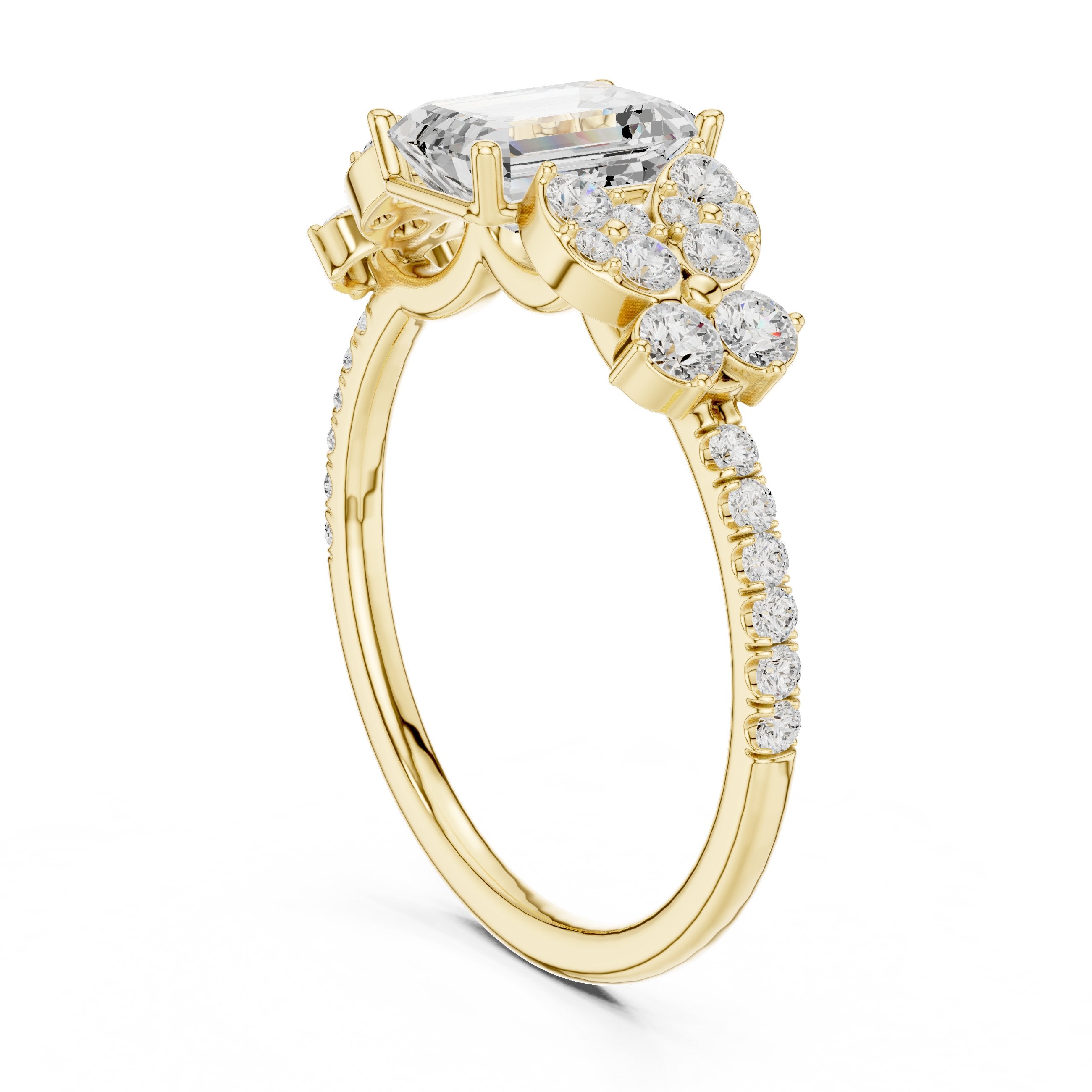 Emerald Cut Engagement Ring with Floral Side Cluster Accents in Yellow Gold - VYKA Diamonds