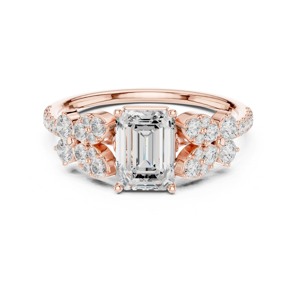 Emerald Cut Engagement Ring with Floral Side Cluster Accents