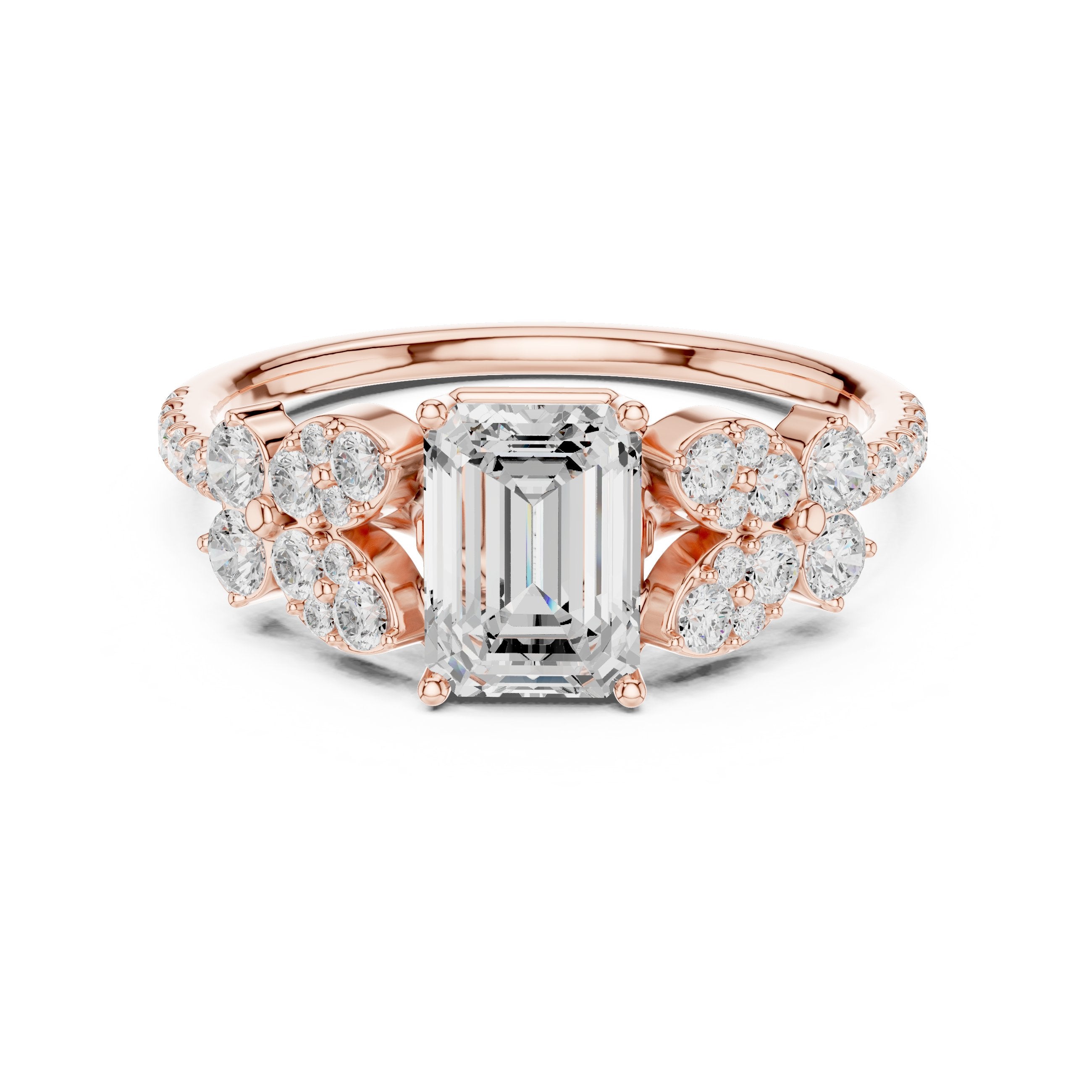 Emerald Cut Engagement Ring with Floral Side Cluster Accents in Rose Gold - VYKA Diamonds