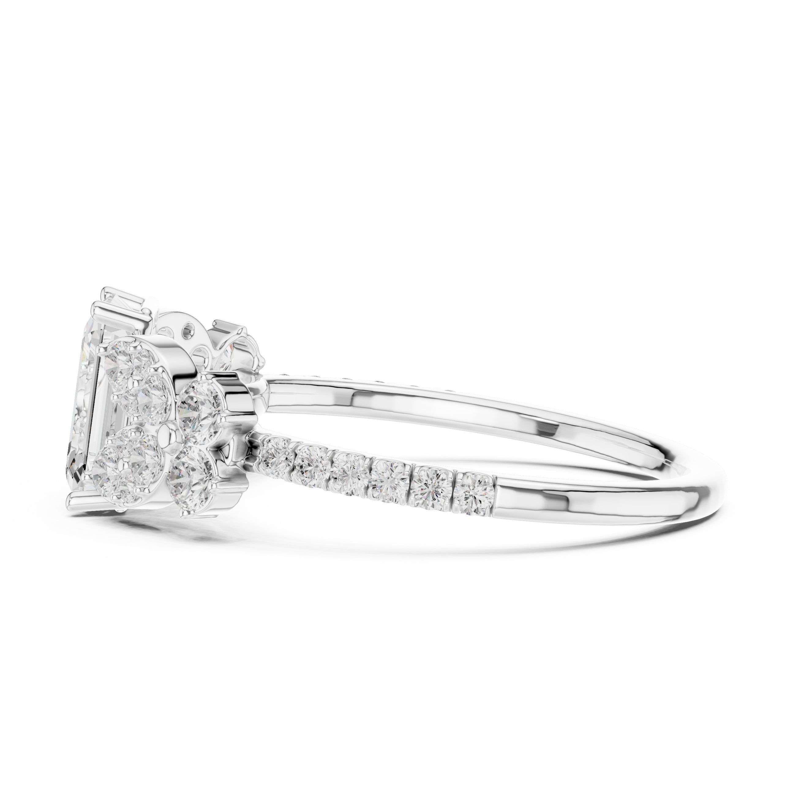 Emerald Cut Engagement Ring with Floral Side Cluster Accents in White Gold - VYKA Diamonds