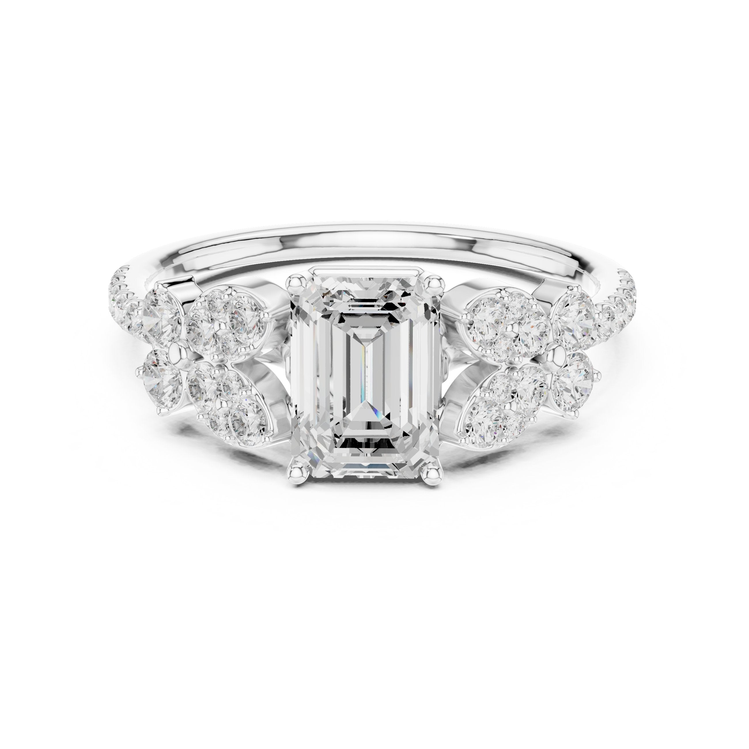 Emerald Cut Engagement Ring with Floral Side Cluster Accents in White Gold - VYKA Diamonds