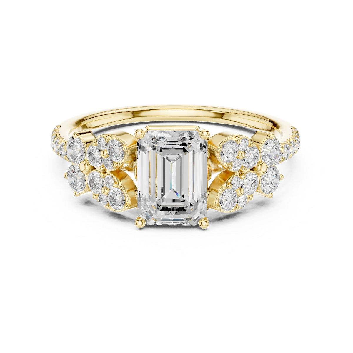 Emerald Cut Engagement Ring with Floral Side Cluster Accents