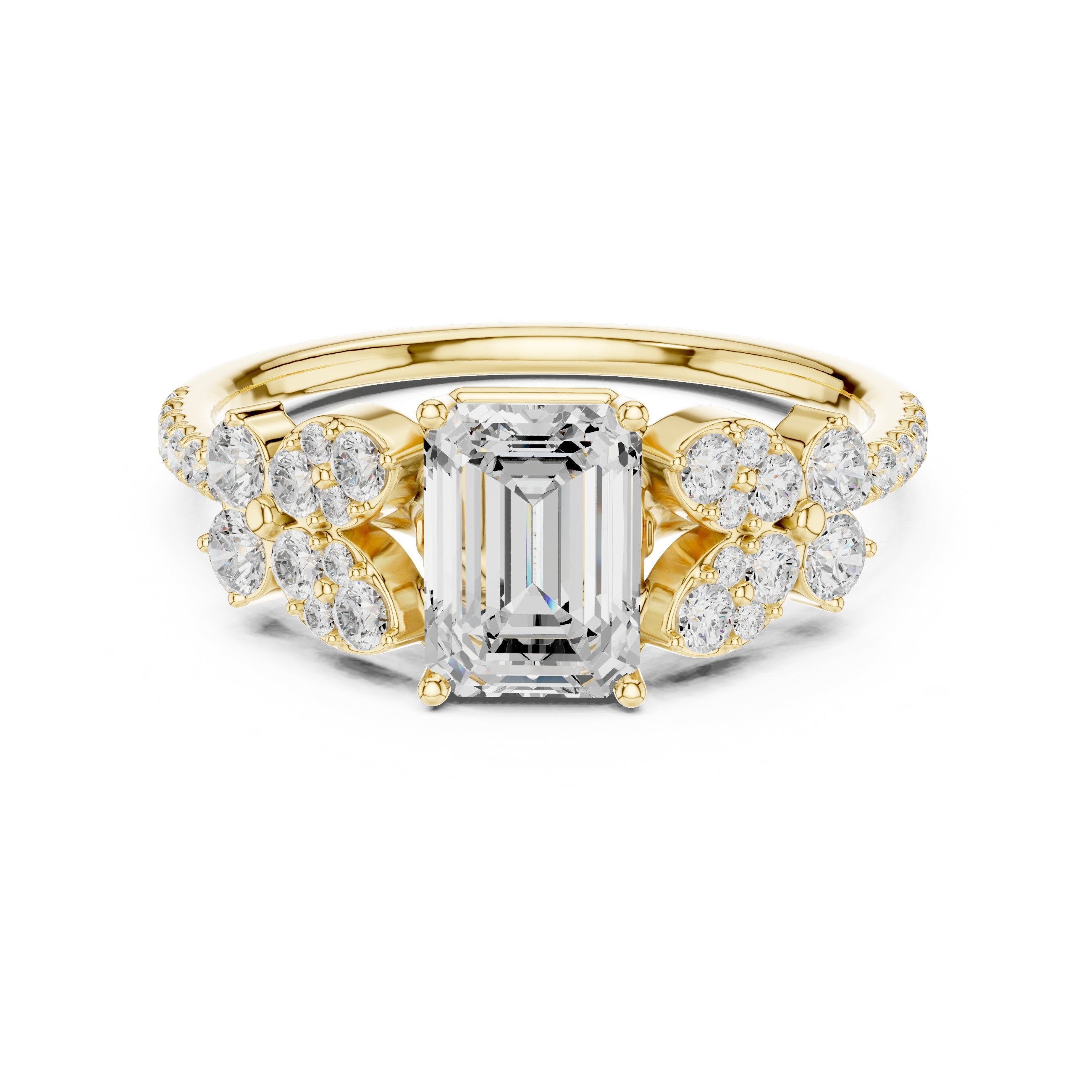 Emerald Cut Engagement Ring with Floral Side Cluster Accents in Yellow Gold - VYKA Diamonds