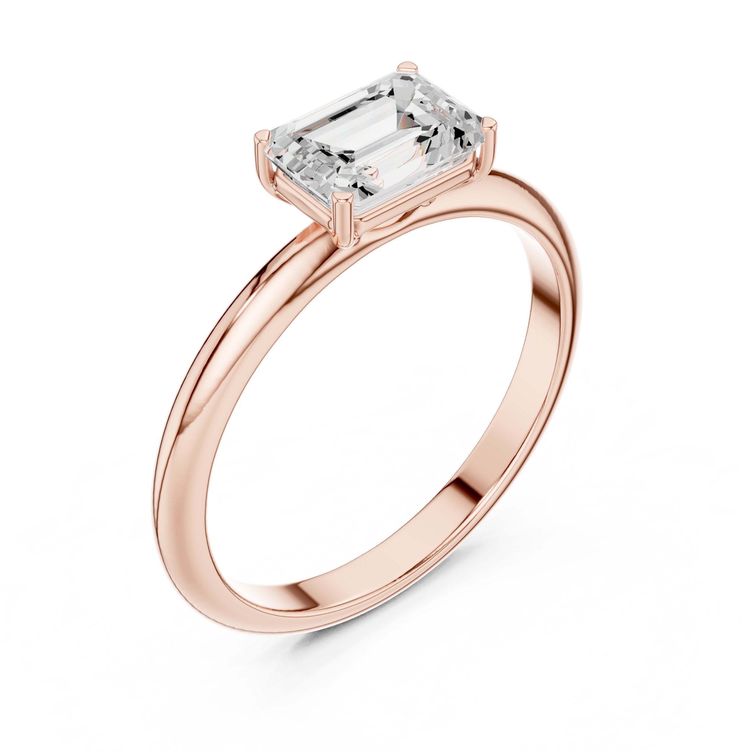 Emerald Cut East West Solitaire Engagement Ring in Rose Gold - VYKA Diamonds