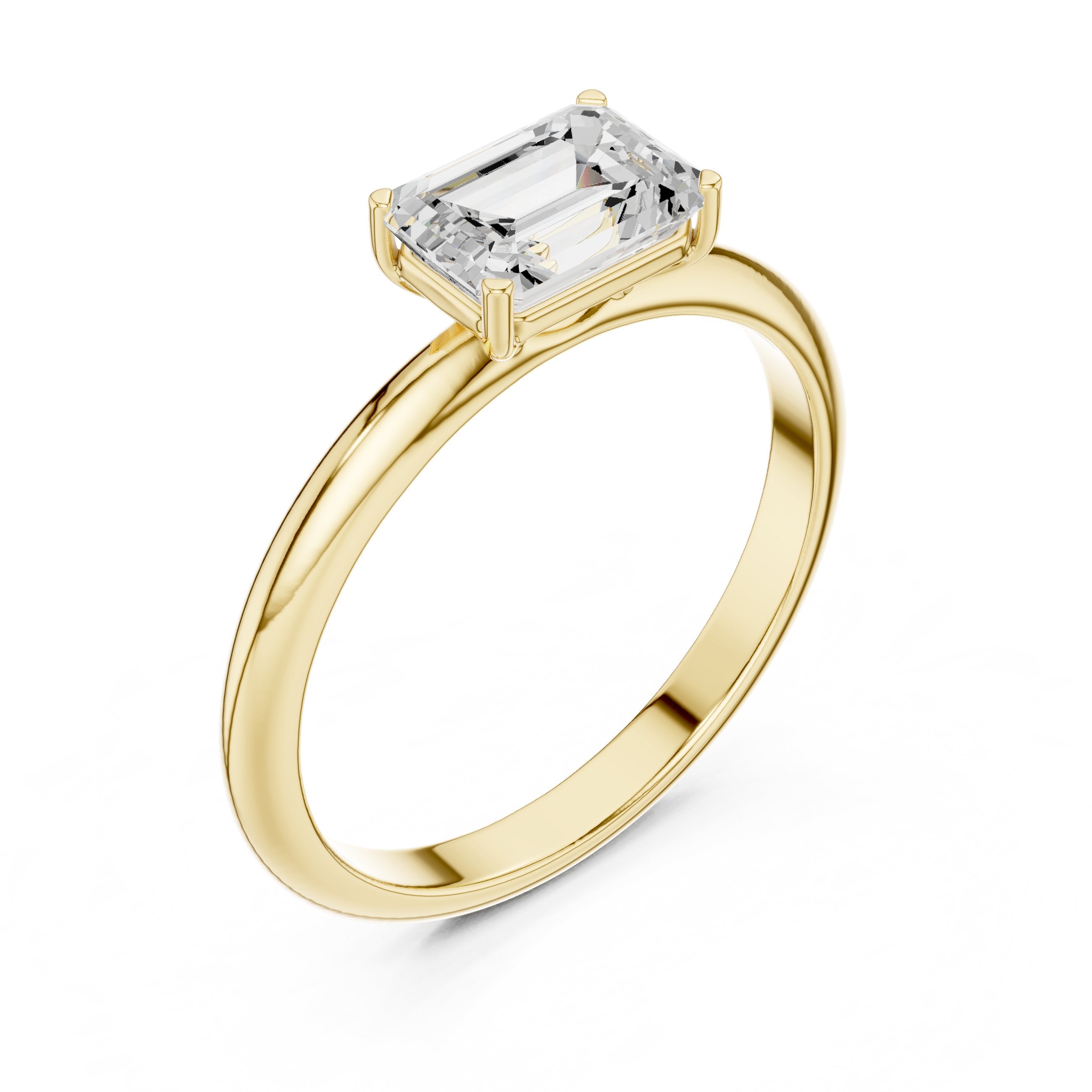 Emerald Cut East West Solitaire Engagement Ring in Yellow Gold - VYKA Diamonds