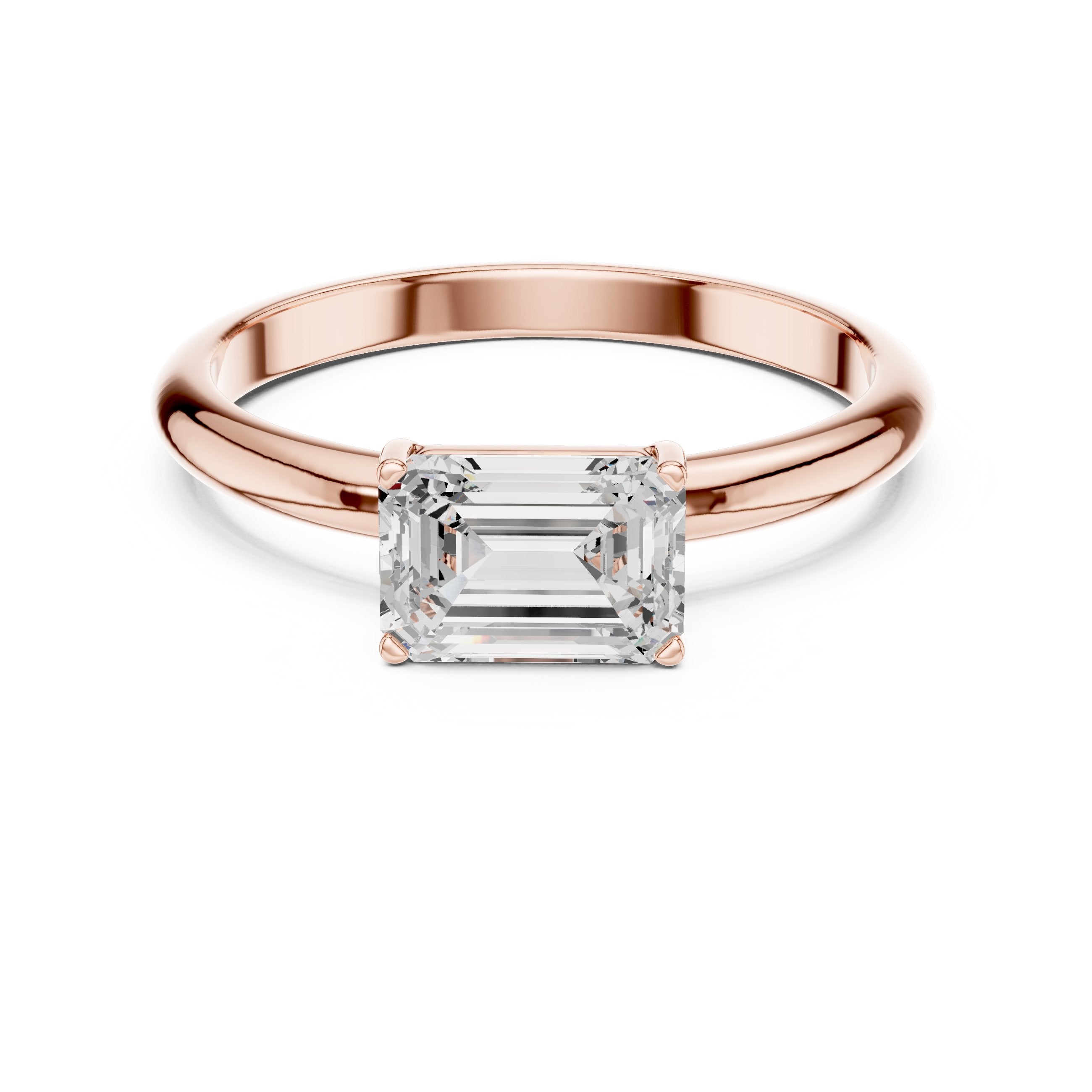 Emerald Cut East West Solitaire Engagement Ring in Rose Gold - VYKA Diamonds