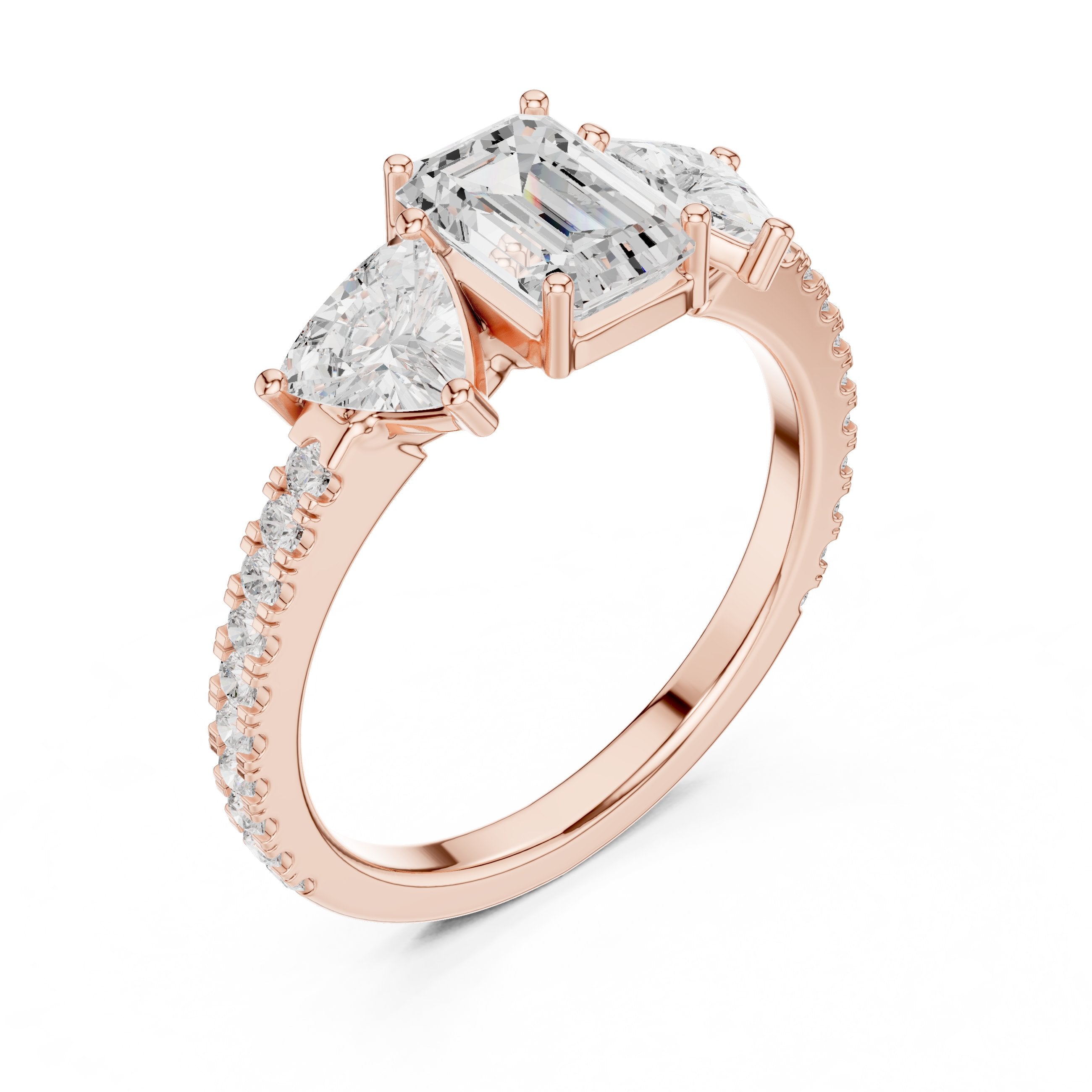 Emerald Cut Three Stone Engagement Ring with Trillion Sides and Pavé Band in Rose Gold - VYKA Diamonds