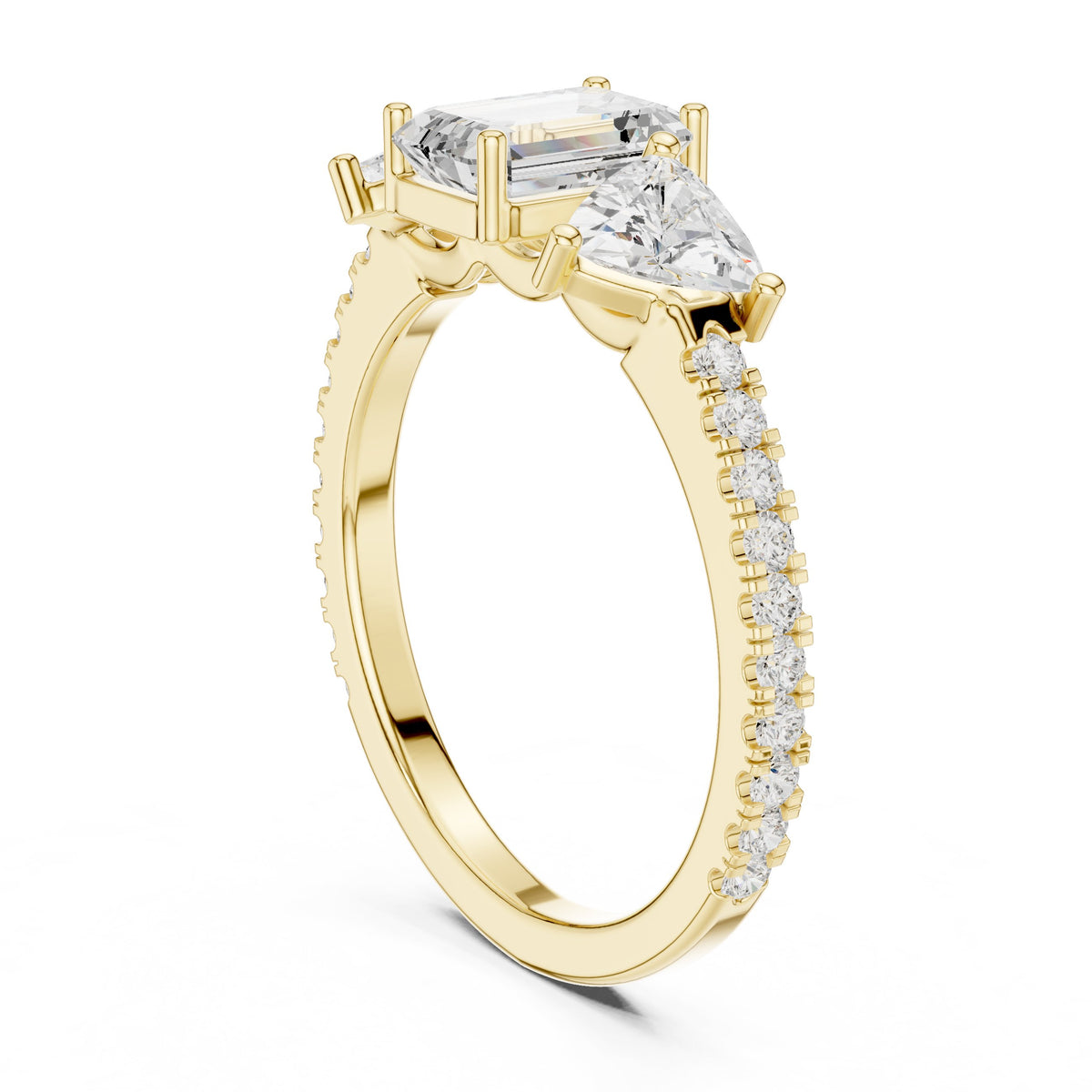 Emerald Cut Three Stone Engagement Ring with Trillion Sides and Pavé Band