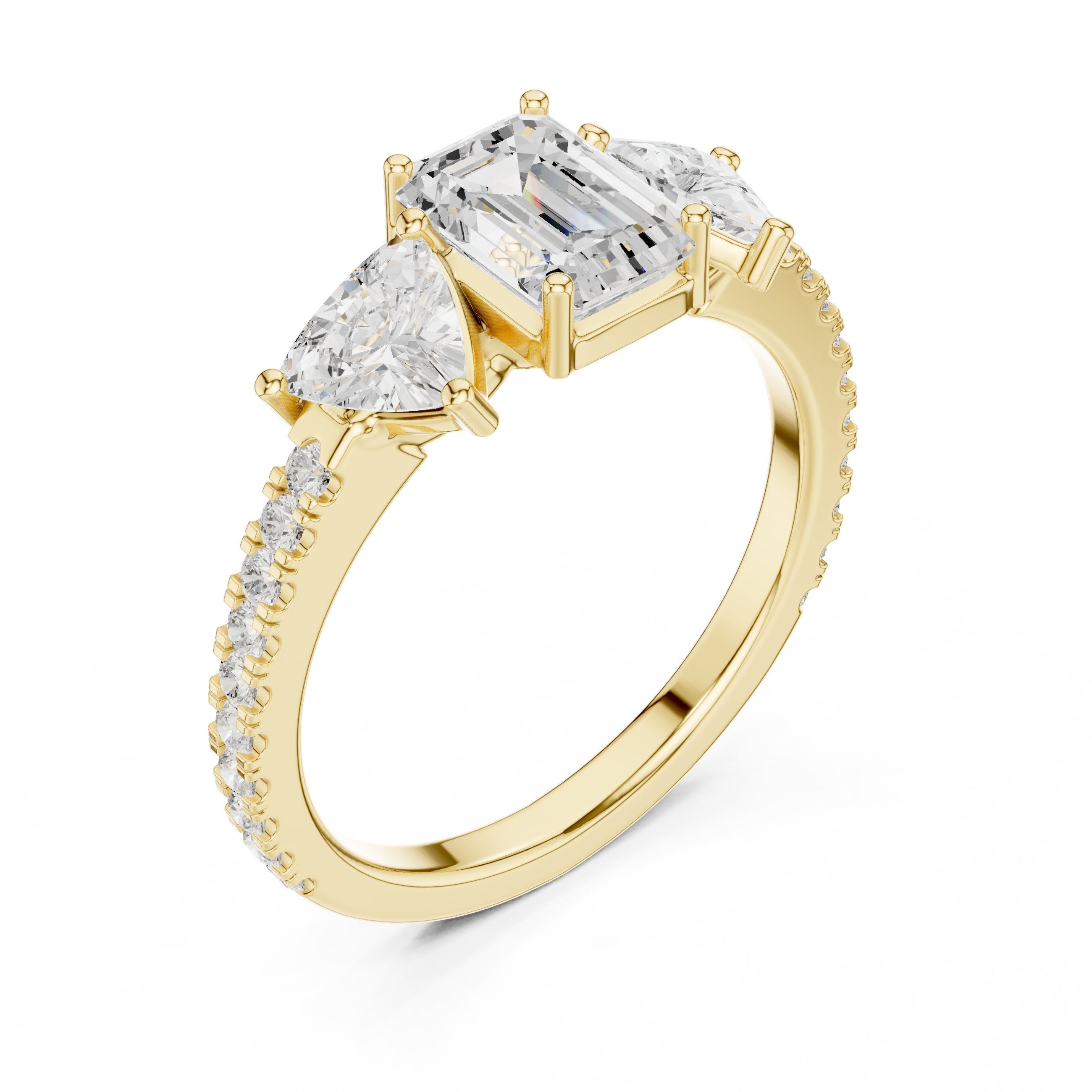 Emerald Cut Three Stone Engagement Ring with Trillion Sides and Pavé Band in Yellow Gold - VYKA Diamonds