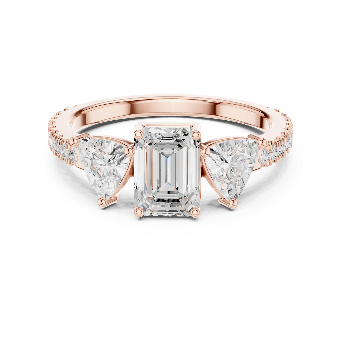 Emerald Cut Three Stone Engagement Ring with Trillion Sides and Pavé Band