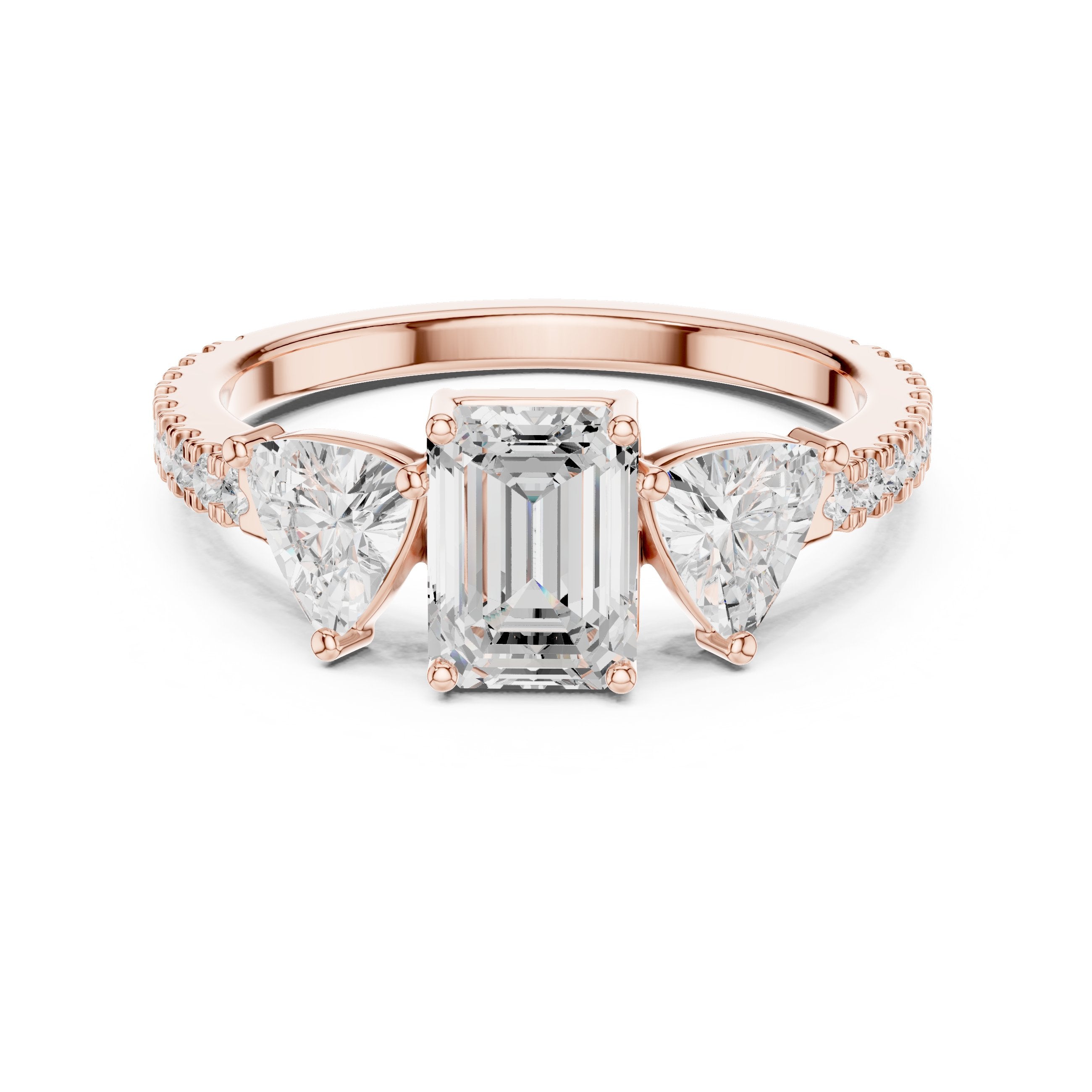 Emerald Cut Three Stone Engagement Ring with Trillion Sides and Pavé Band in Rose Gold - VYKA Diamonds