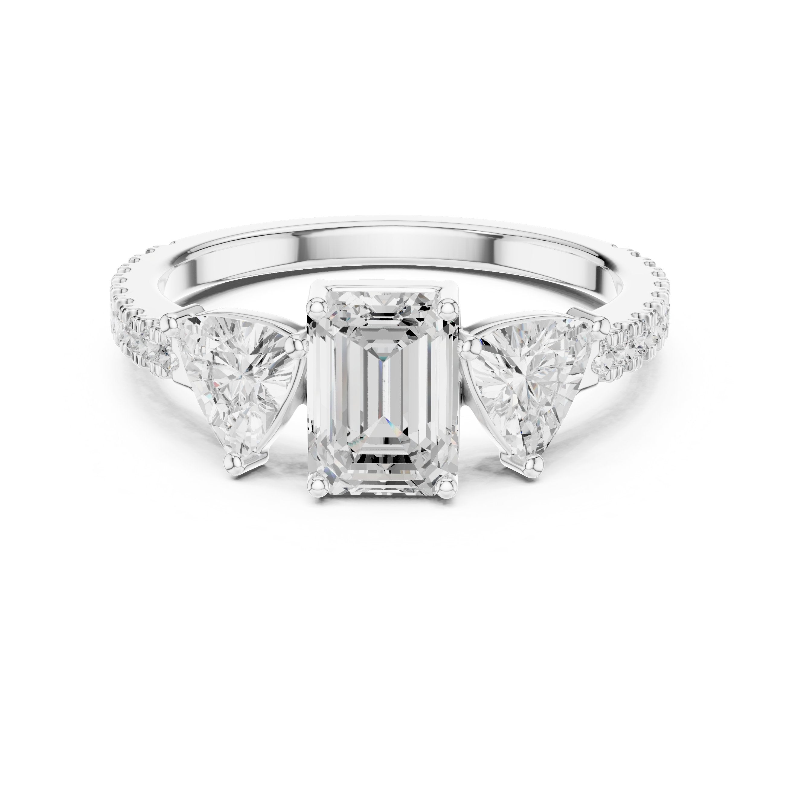 Emerald Cut Three Stone Engagement Ring with Trillion Sides and Pavé Band in White Gold - VYKA Diamonds