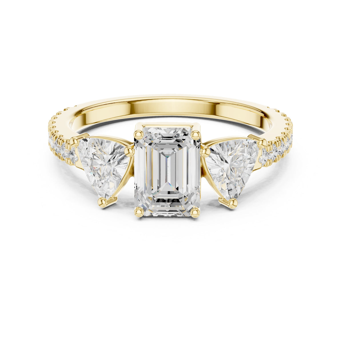 Emerald Cut Three Stone Engagement Ring with Trillion Sides and Pavé Band