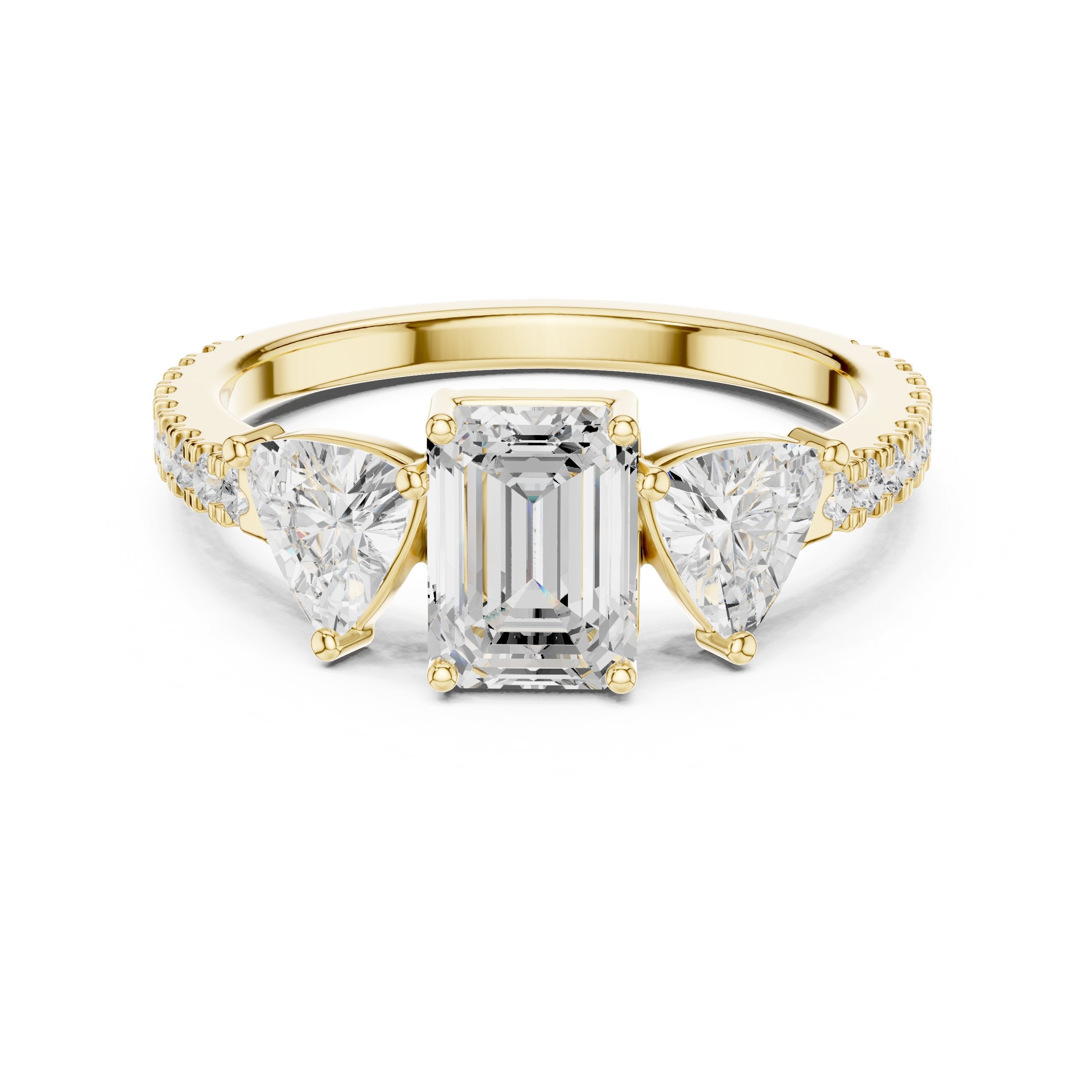 Emerald Cut Three Stone Engagement Ring with Trillion Sides and Pavé Band in Yellow Gold - VYKA Diamonds