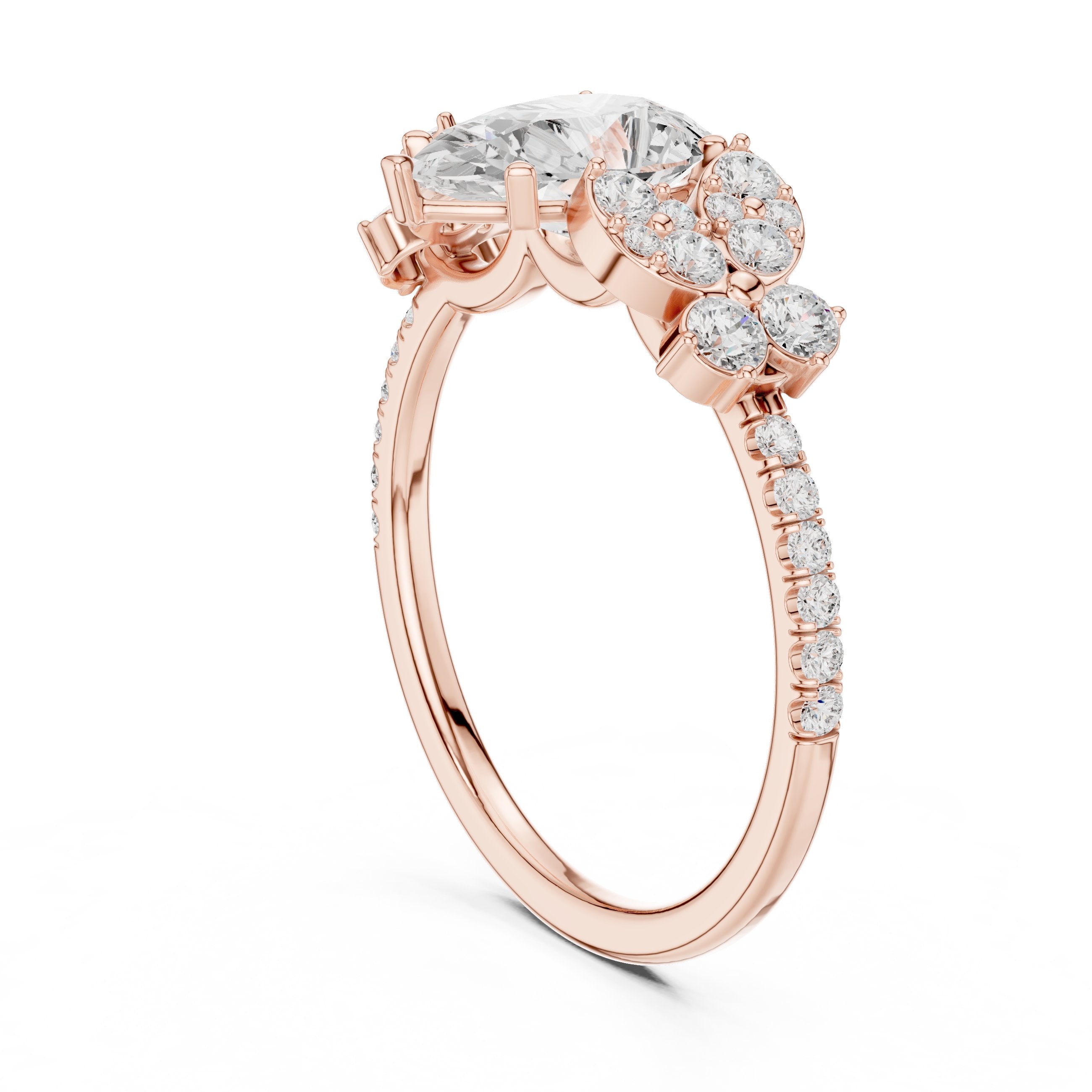 Pear Diamond Engagement Ring with Floral Side Cluster Accents and Pavé Band in Rose Gold - VYKA Diamonds
