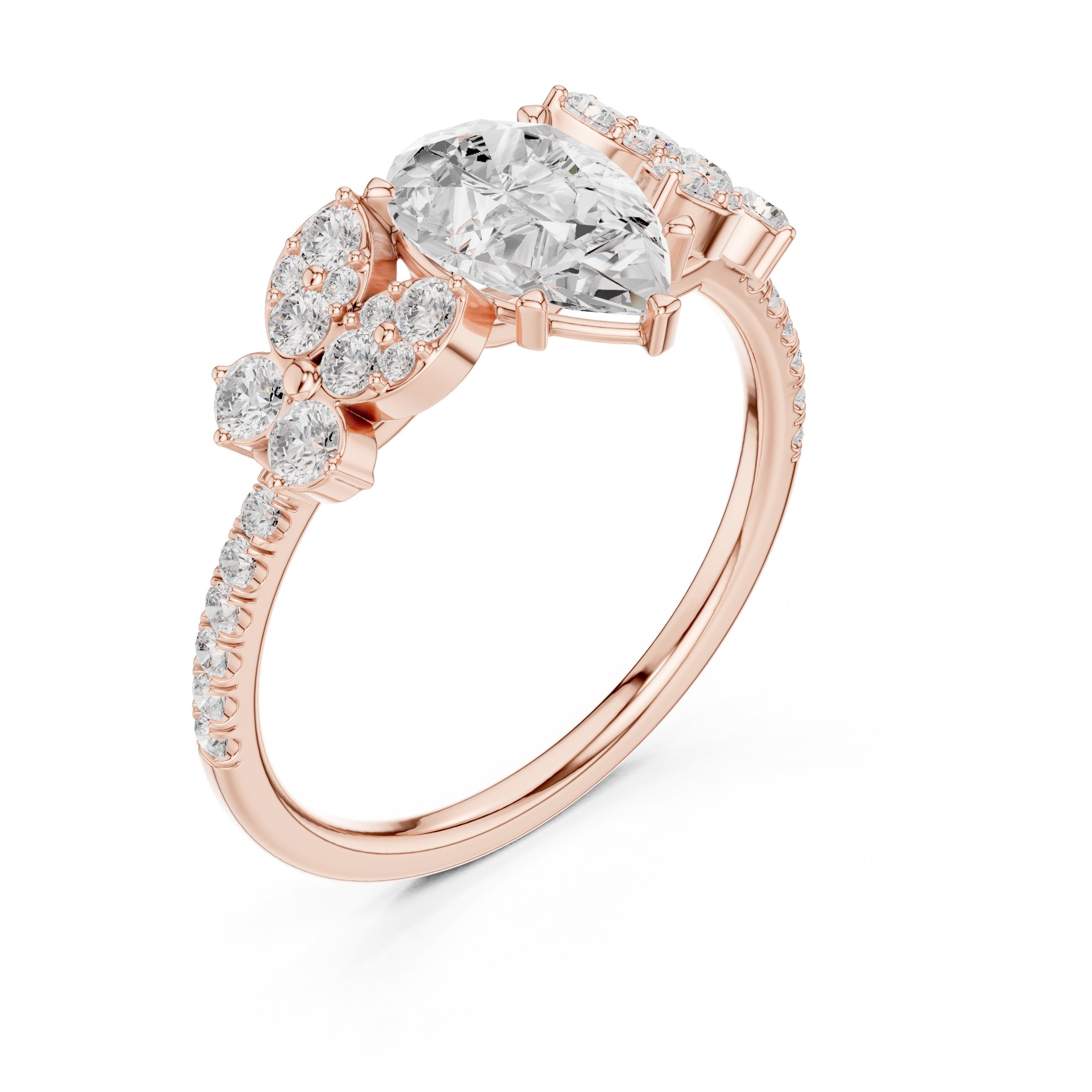 Pear Diamond Engagement Ring with Floral Side Cluster Accents and Pavé Band in Rose Gold - VYKA Diamonds