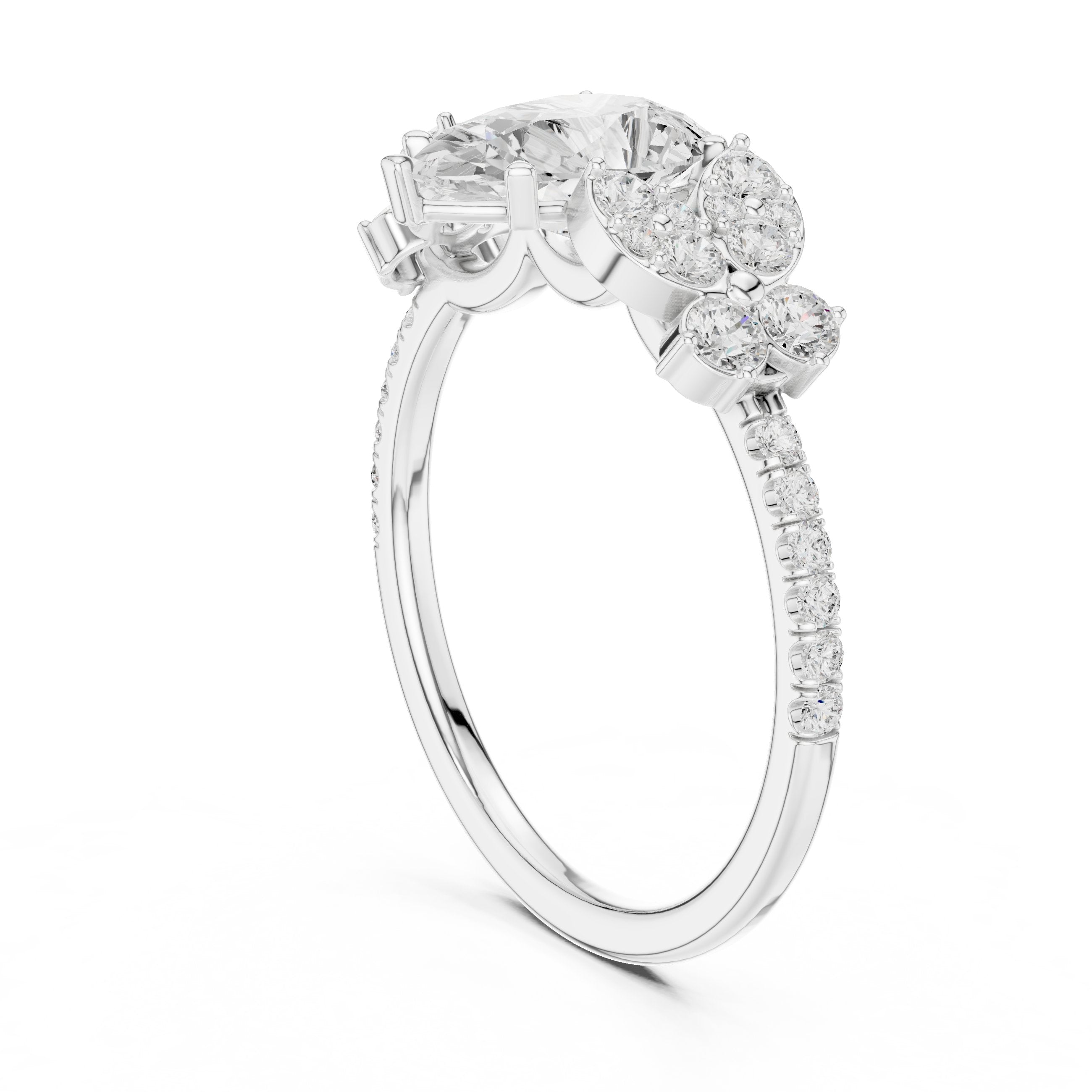 Pear Diamond Engagement Ring with Floral Side Cluster Accents and Pavé Band in White Gold - VYKA Diamonds