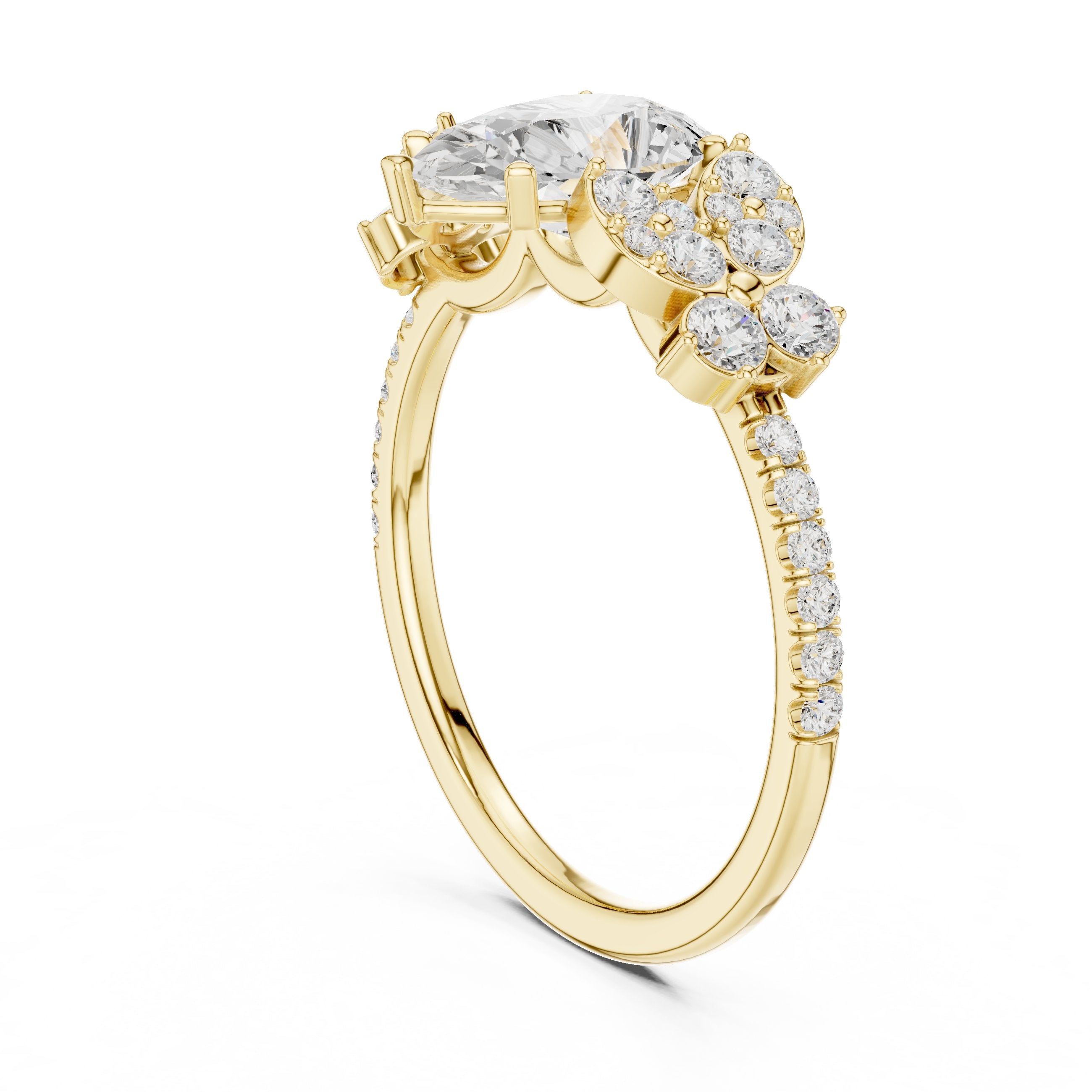 Pear Diamond Engagement Ring with Floral Side Cluster Accents and Pavé Band in Yellow Gold - VYKA Diamonds