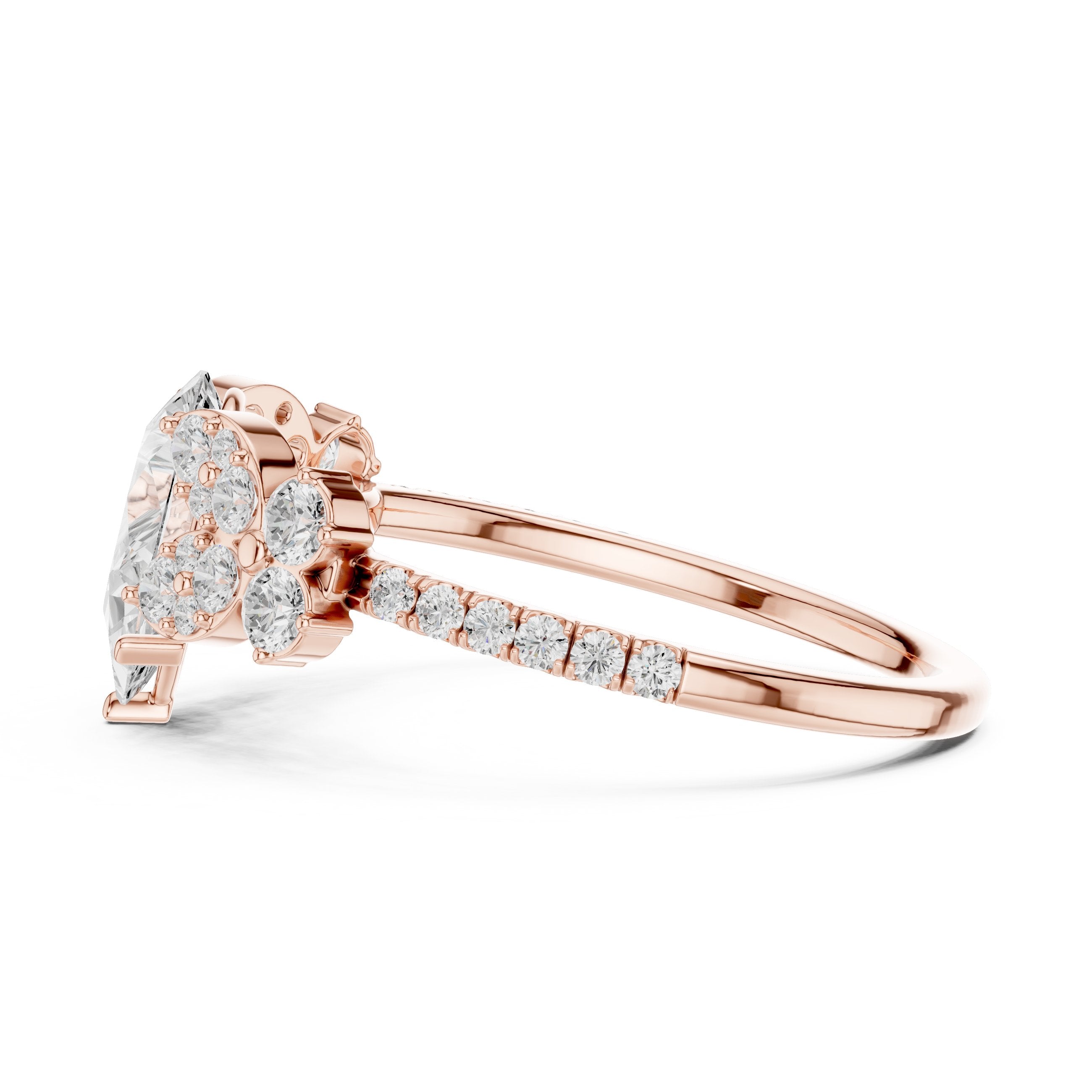Pear Diamond Engagement Ring with Floral Side Cluster Accents and Pavé Band in Rose Gold - VYKA Diamonds
