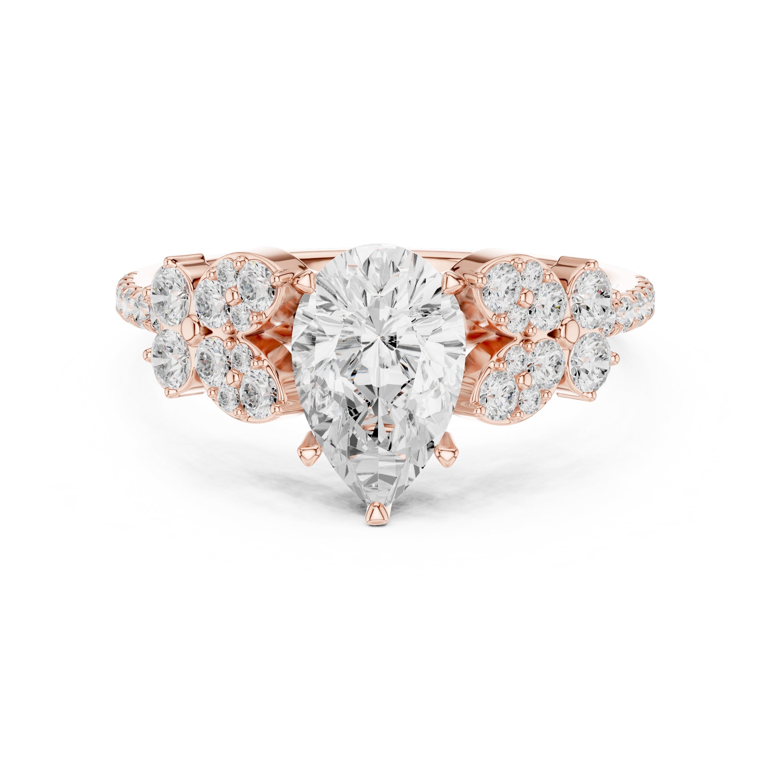 Pear Diamond Engagement Ring with Floral Side Cluster Accents and Pavé Band in Rose Gold - VYKA Diamonds