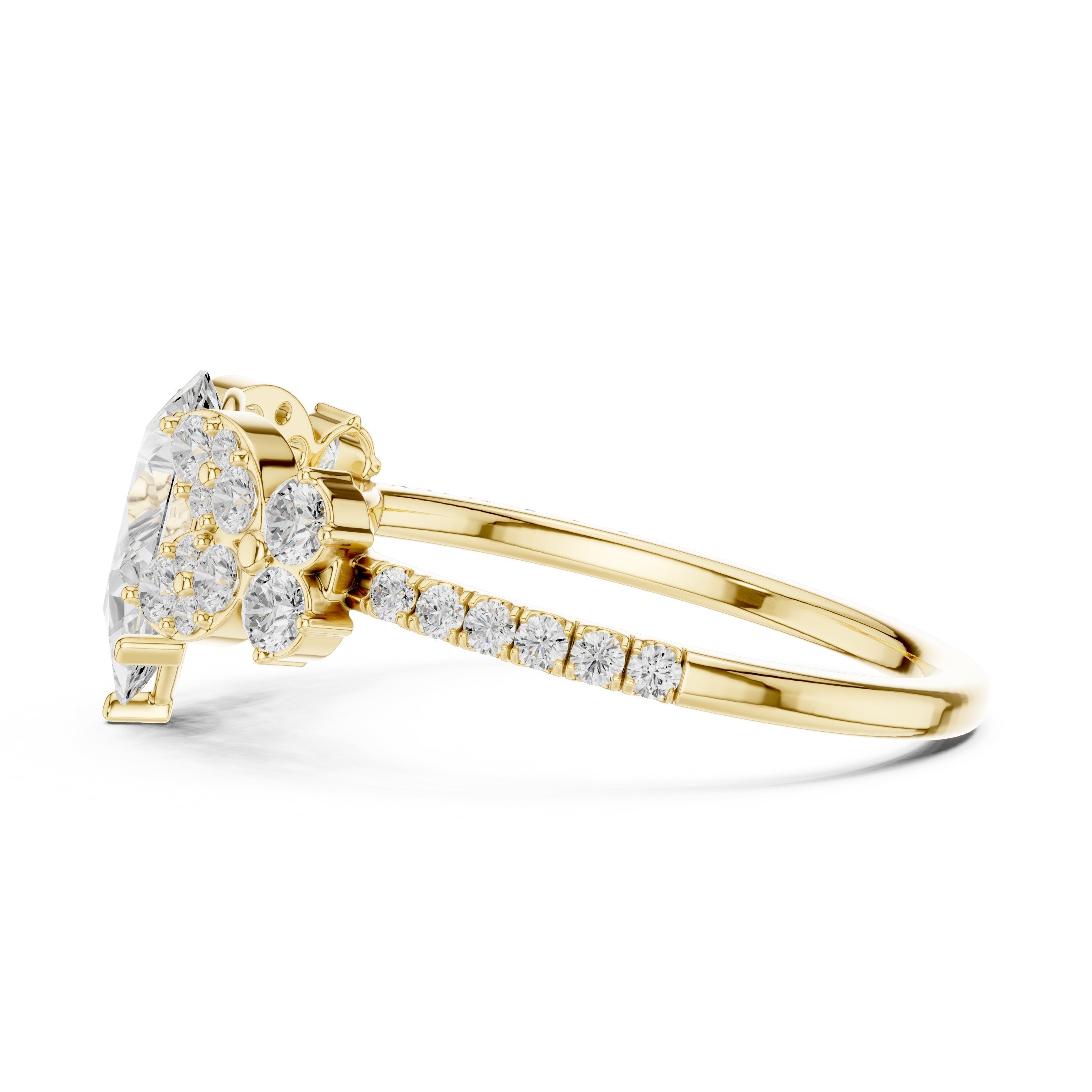 Pear Diamond Engagement Ring with Floral Side Cluster Accents and Pavé Band in Yellow Gold - VYKA Diamonds