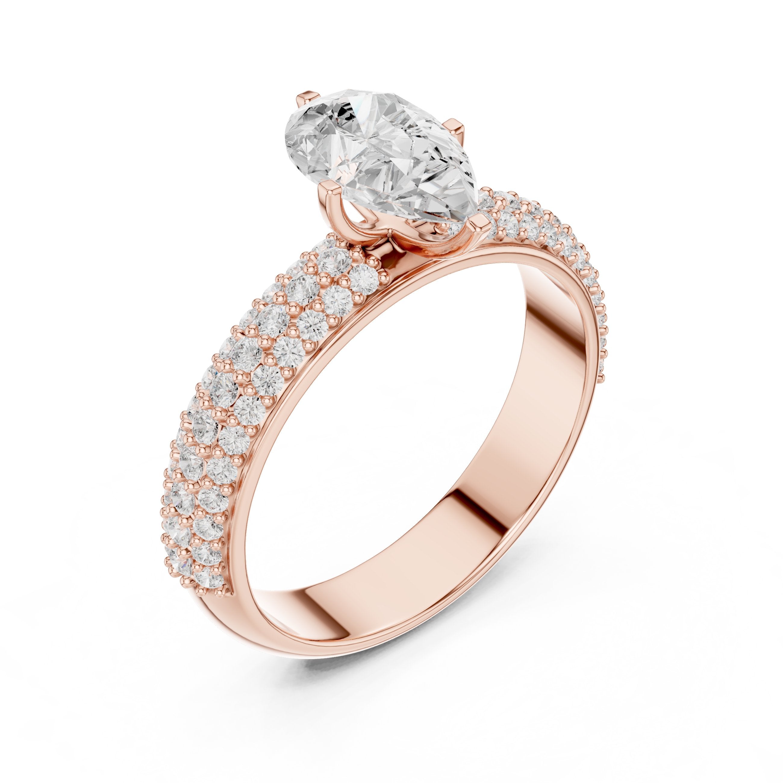 Pear Diamond Engagement Ring with Multi-Row Pavé Band in Rose Gold - VYKA Diamonds