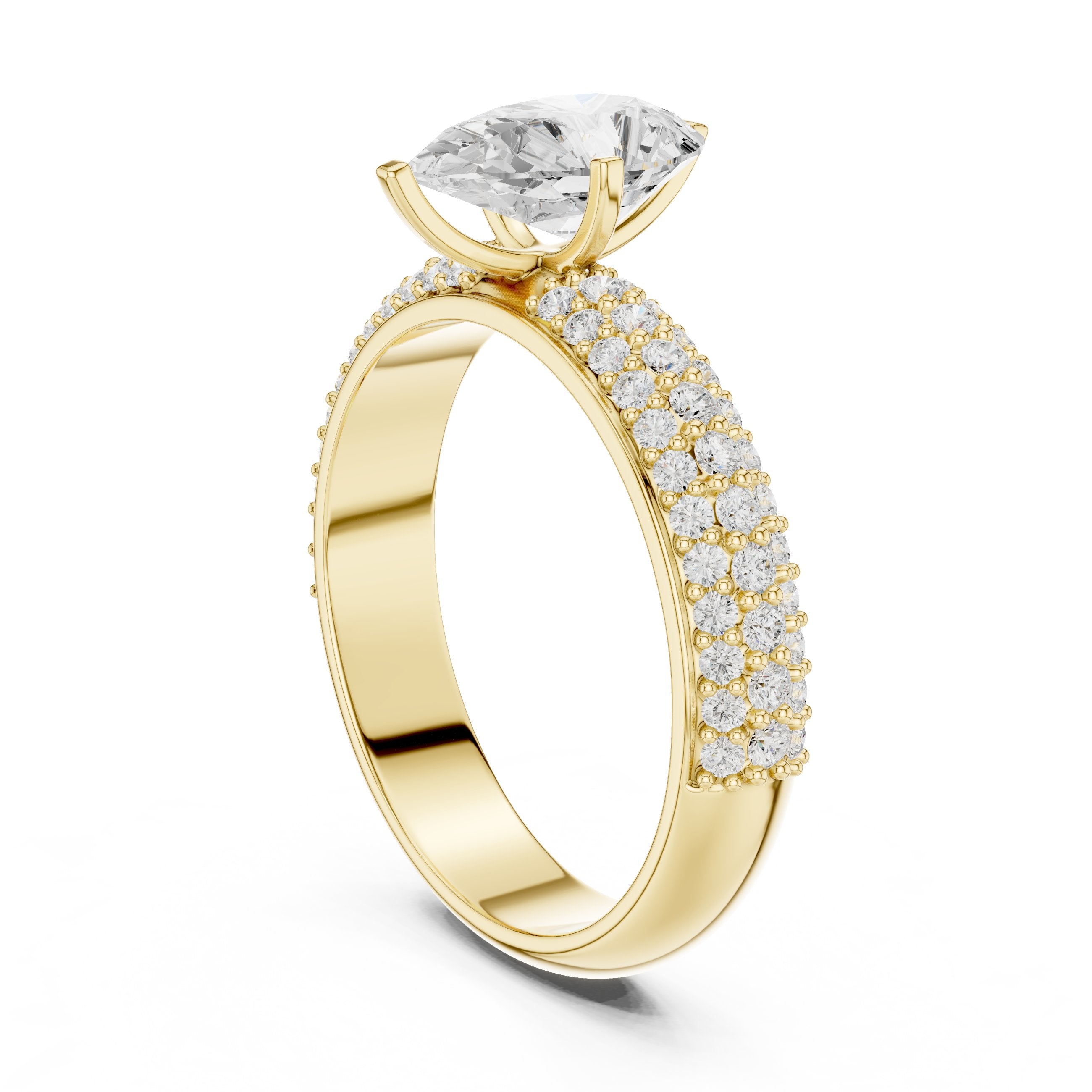 Pear Diamond Engagement Ring with Multi-Row Pavé Band in Yellow Gold - VYKA Diamonds