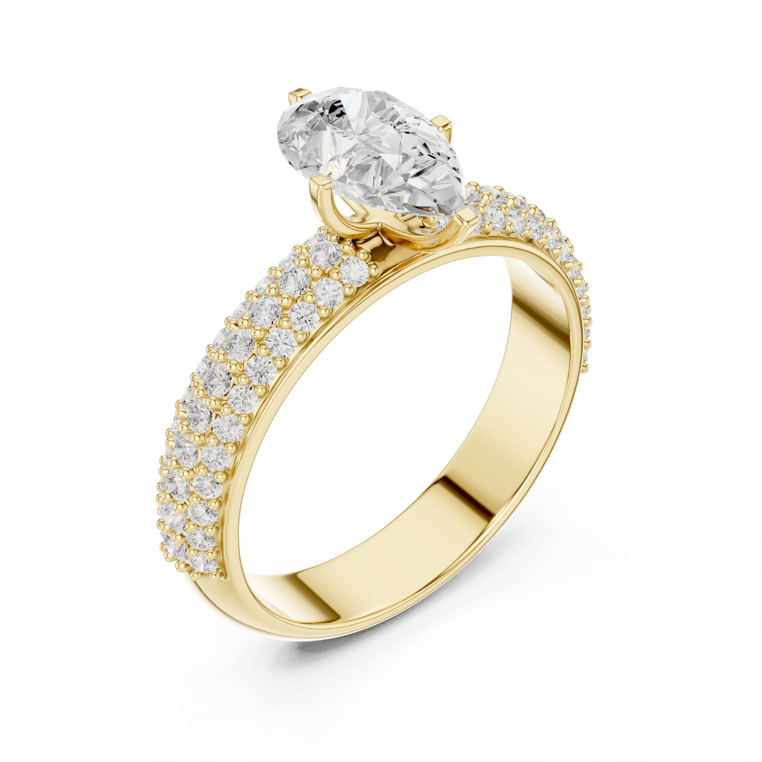 Pear Diamond Engagement Ring with Multi-Row Pavé Band in Yellow Gold - VYKA Diamonds
