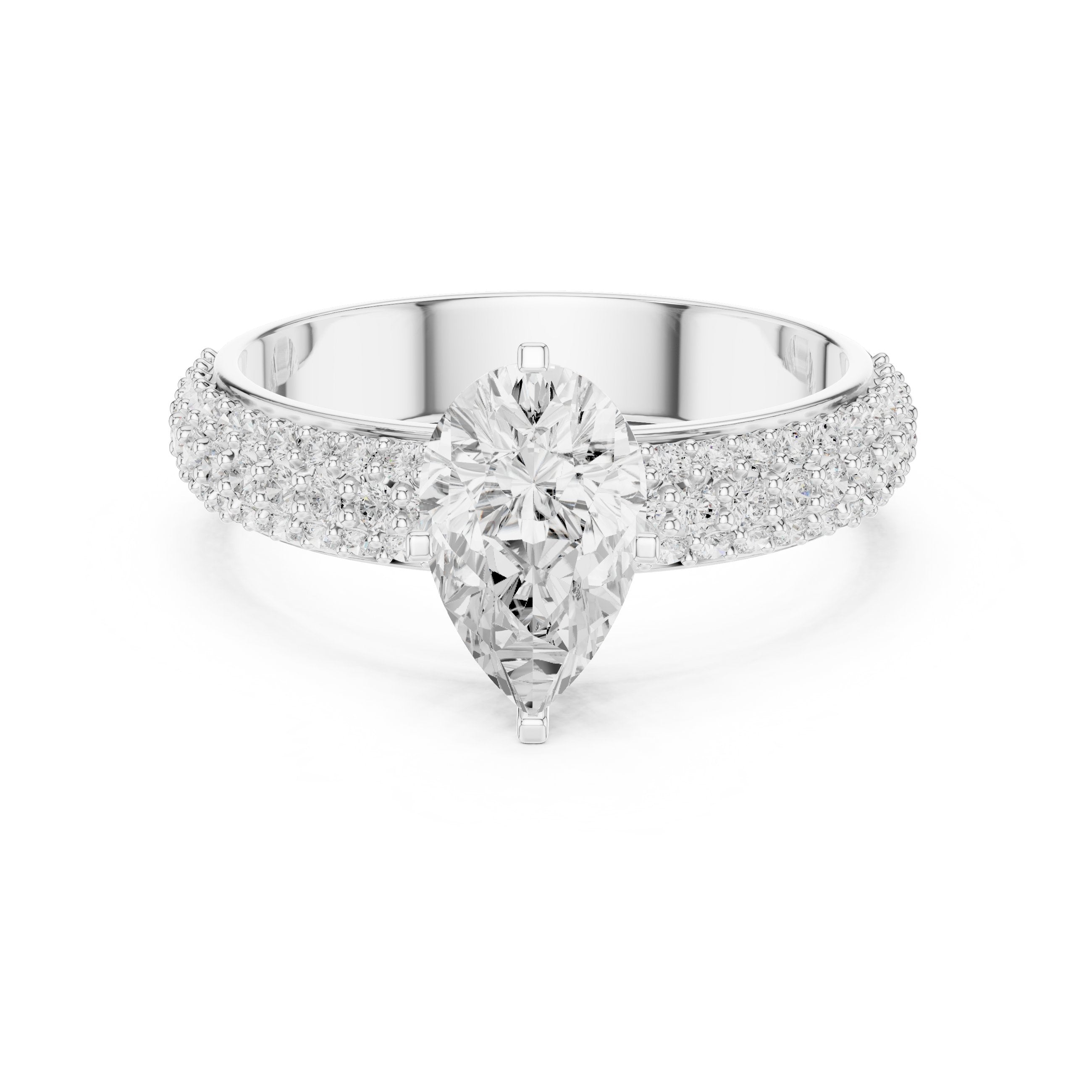 Pear Diamond Engagement Ring with Multi-Row Pavé Band in White Gold - VYKA Diamonds
