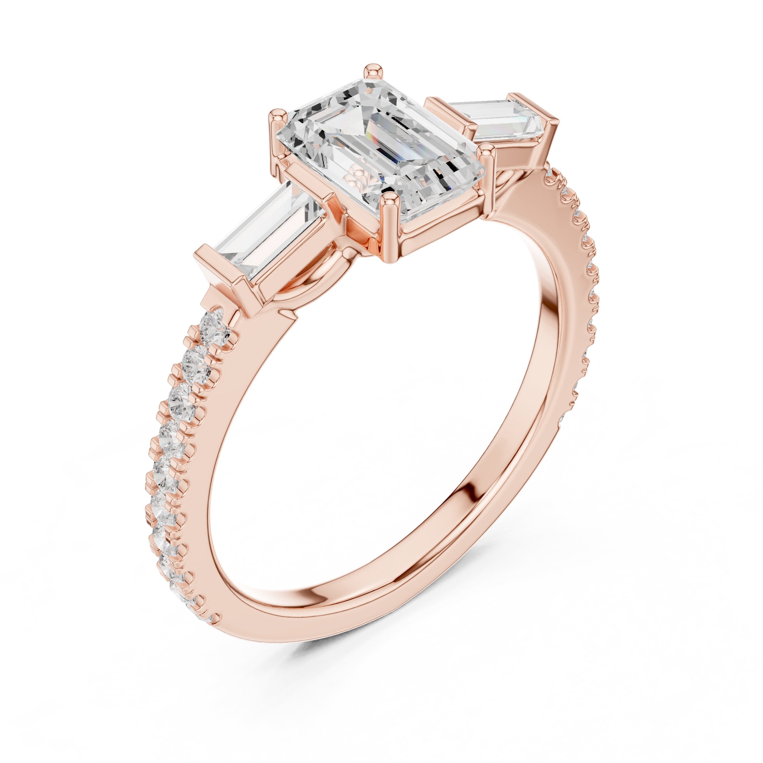Emerald Cut Three Stone Engagement Ring with Baguette Sides and Pavé Band in Rose Gold - VYKA Diamonds