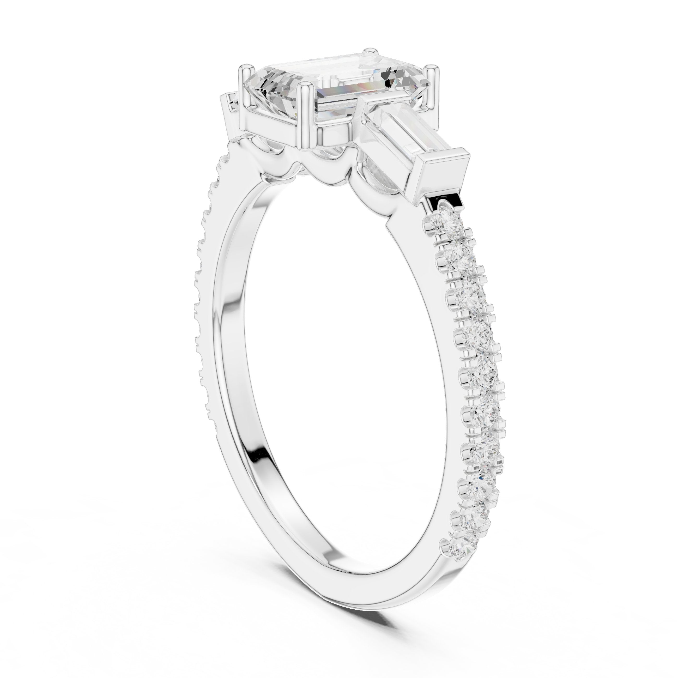 Emerald Cut Three Stone Engagement Ring with Baguette Sides and Pavé Band in White Gold - VYKA Diamonds