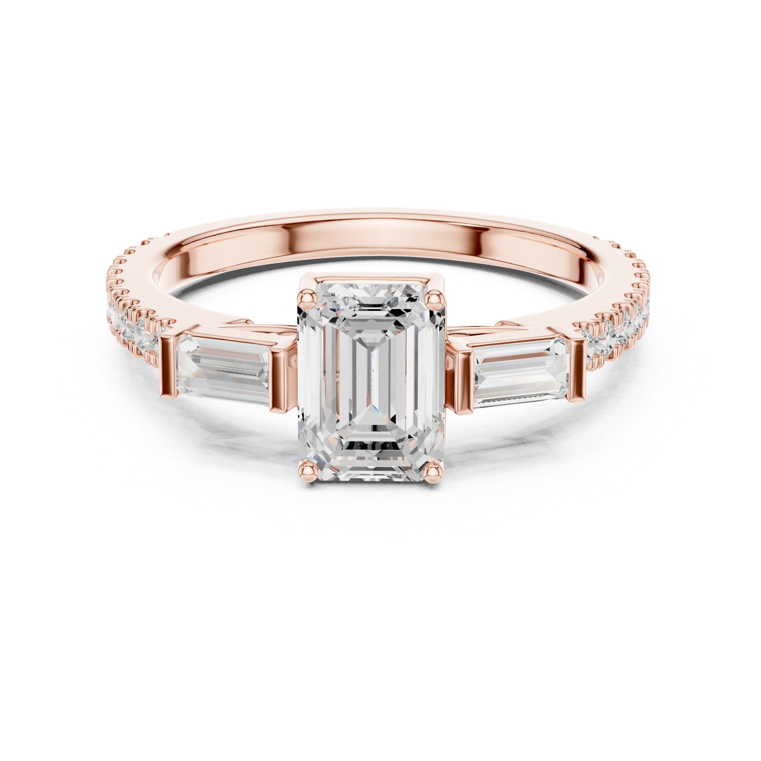 Emerald Cut Three Stone Engagement Ring with Baguette Sides and Pavé Band in Rose Gold - VYKA Diamonds
