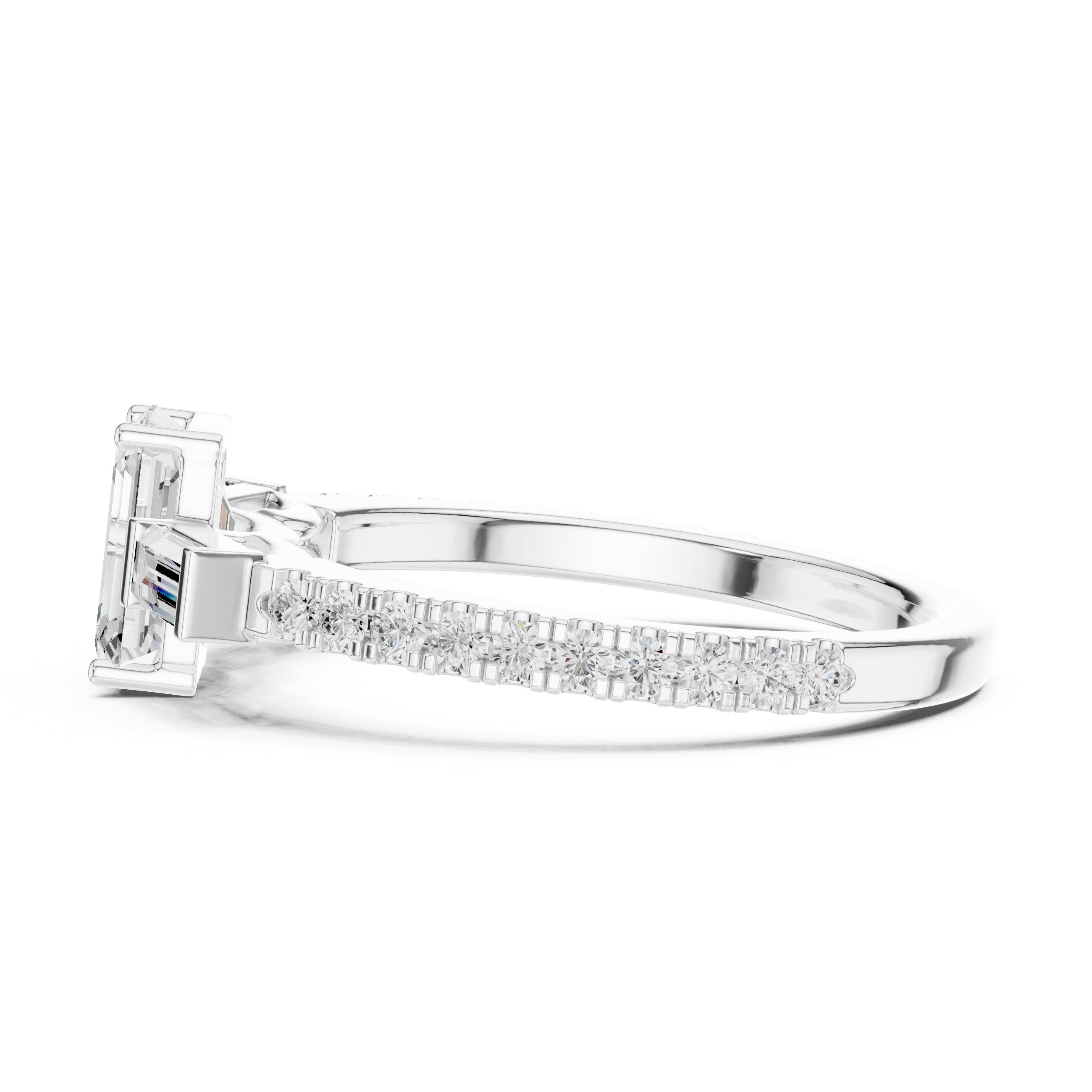 Emerald Cut Three Stone Engagement Ring with Baguette Sides and Pavé Band in White Gold - VYKA Diamonds