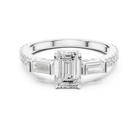 Emerald Cut Three Stone Engagement Ring with Baguette Sides and Pavé Band