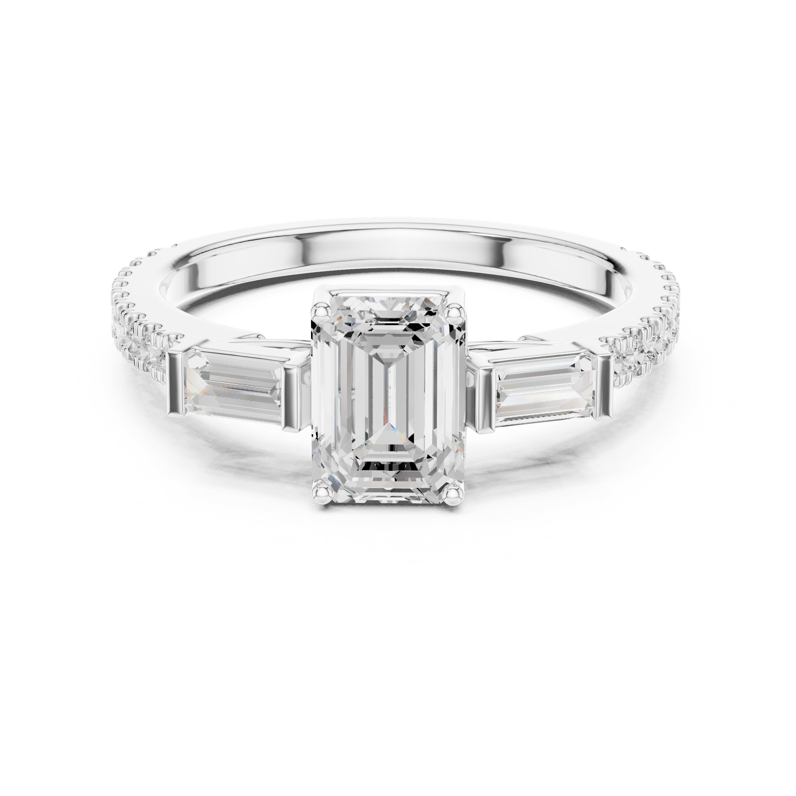 Emerald Cut Three Stone Engagement Ring with Baguette Sides and Pavé Band in White Gold - VYKA Diamonds