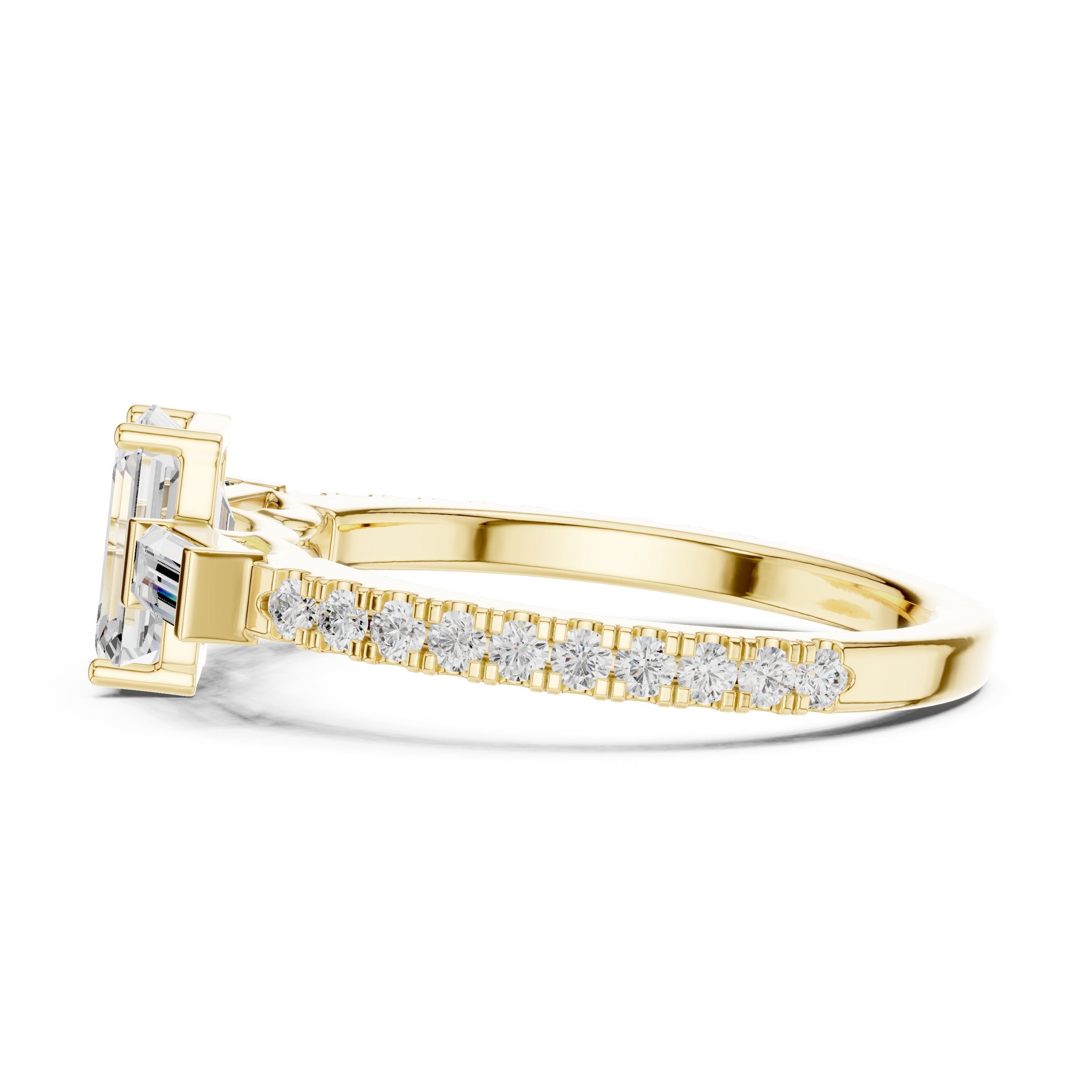 Emerald Cut Three Stone Engagement Ring with Baguette Sides and Pavé Band in Yellow Gold - VYKA Diamonds