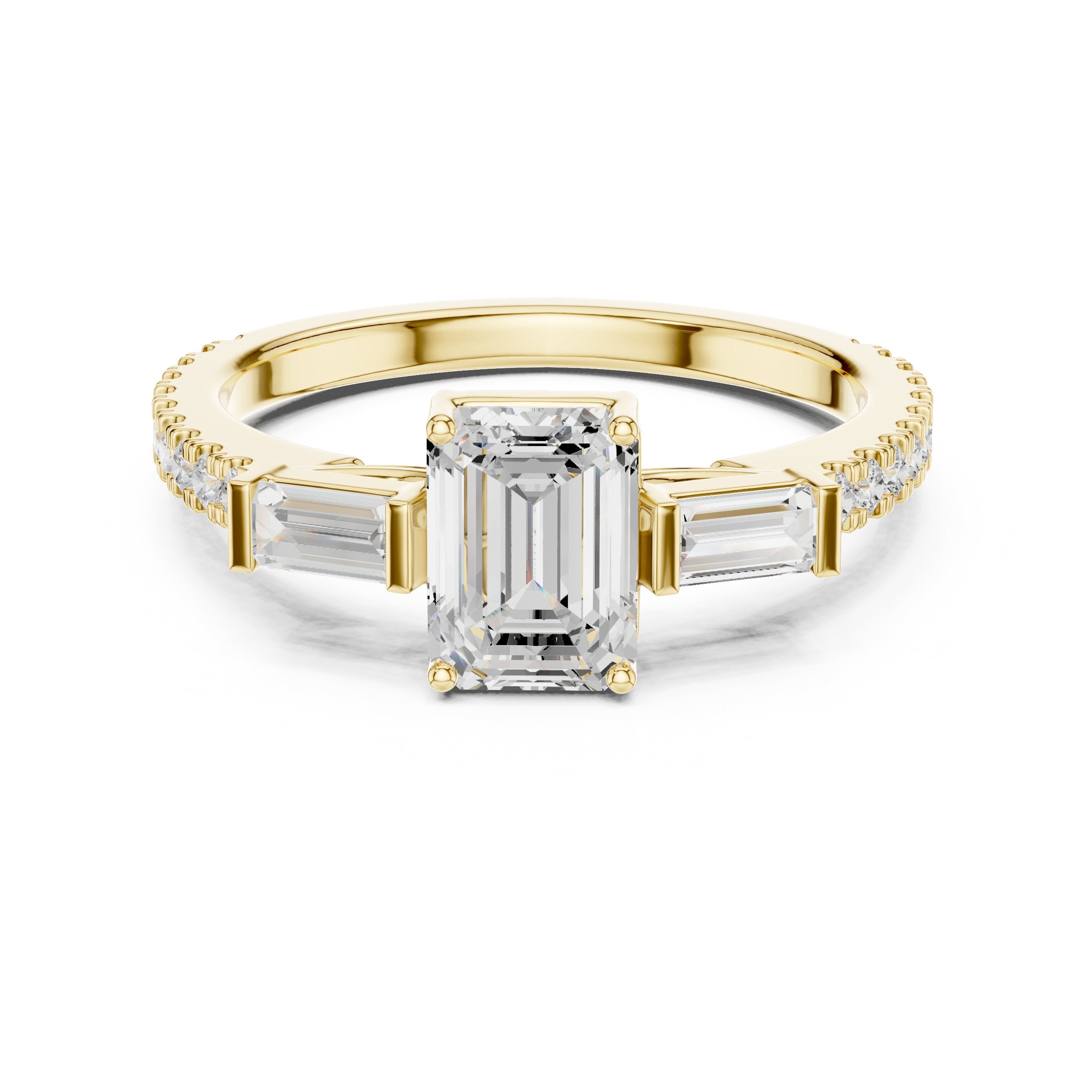 Emerald Cut Three Stone Engagement Ring with Baguette Sides and Pavé Band in Yellow Gold - VYKA Diamonds