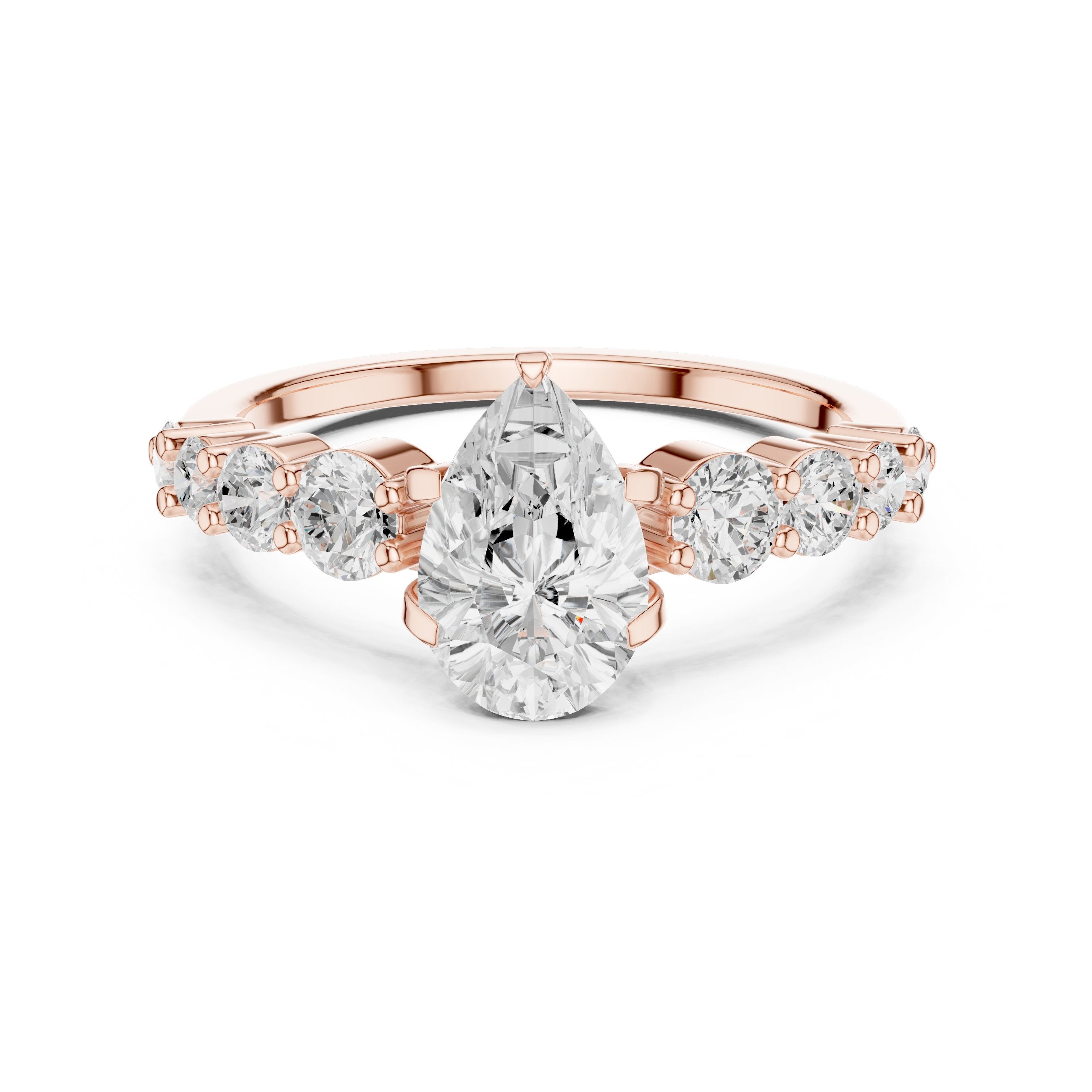 Pear Diamond Engagement Ring with Graduated Round Side Accents in Rose Gold - VYKA Diamonds