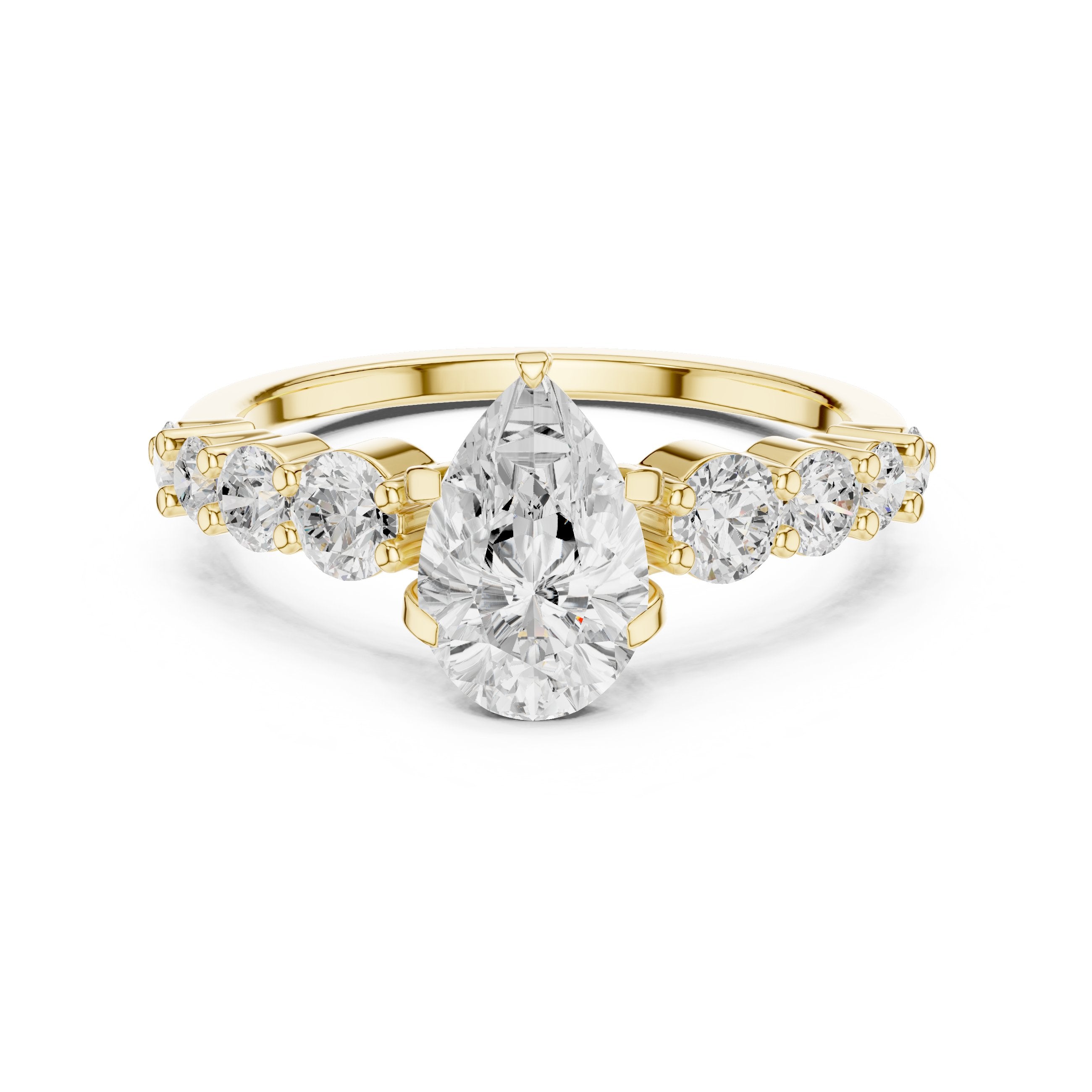 Pear Diamond Engagement Ring with Graduated Round Side Accents in Yellow Gold - VYKA Diamonds