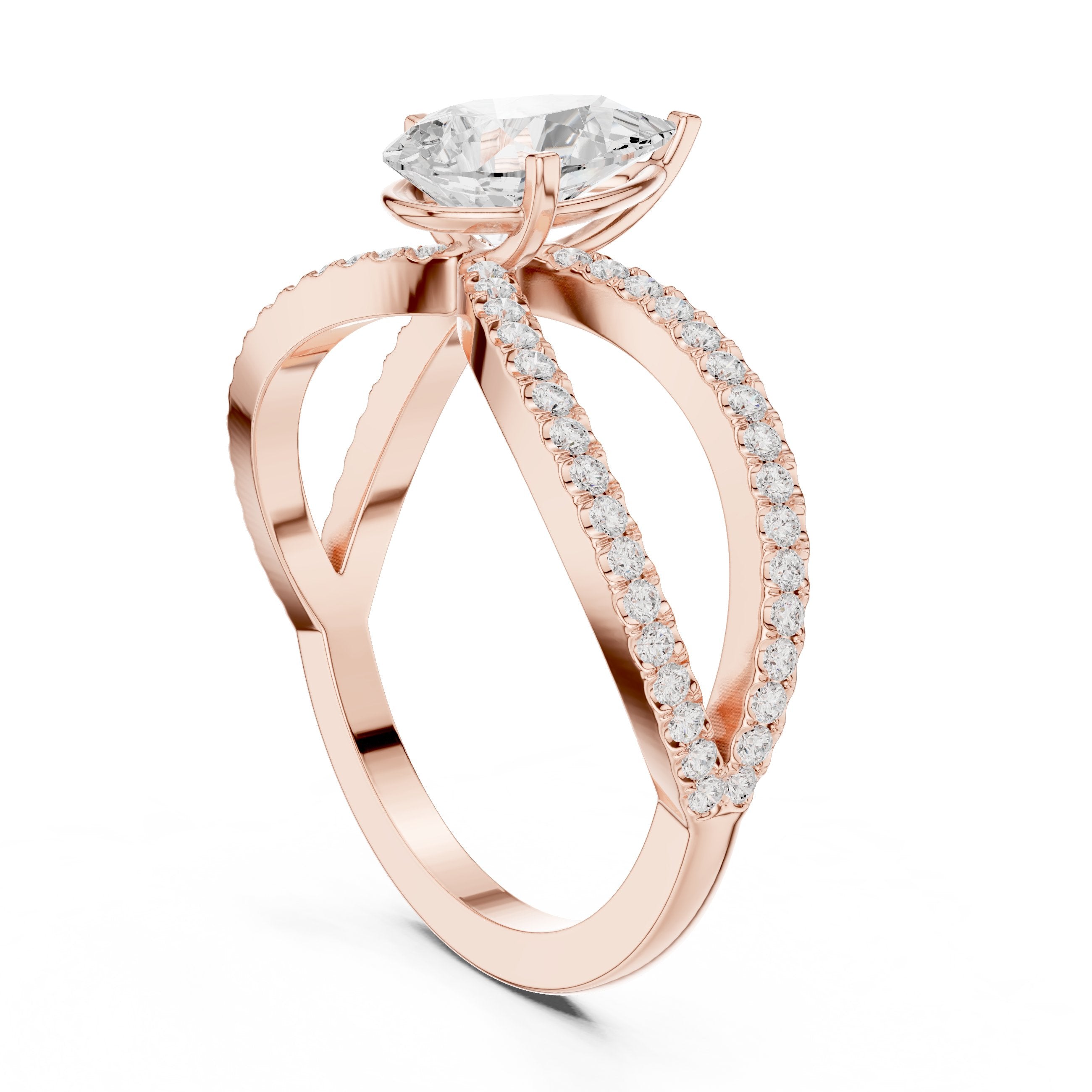 Pear Diamond Engagement Ring with Bypass Pavé Split Shank in Rose Gold - VYKA Diamonds