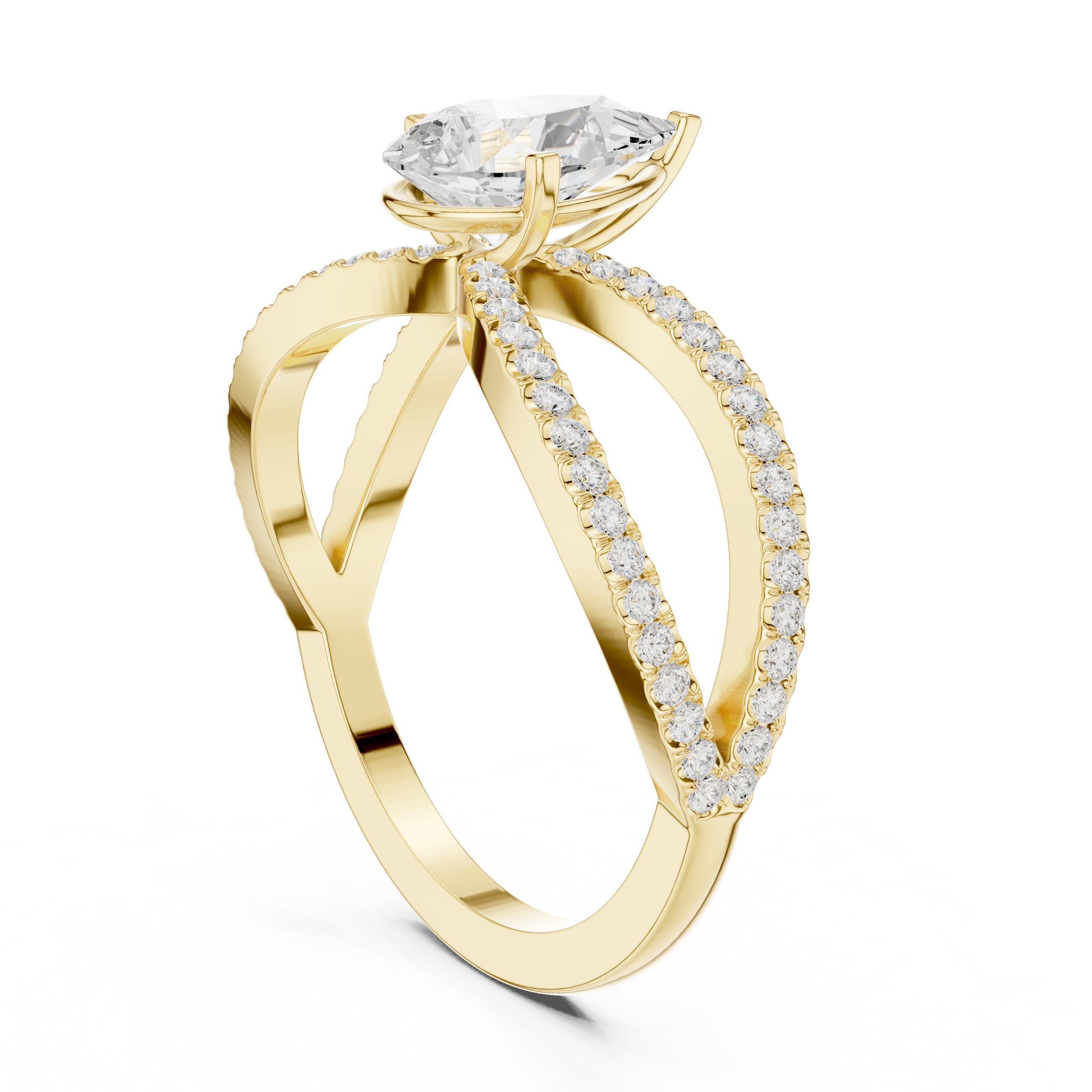 Pear Diamond Engagement Ring with Bypass Pavé Split Shank in Yellow Gold - VYKA Diamonds