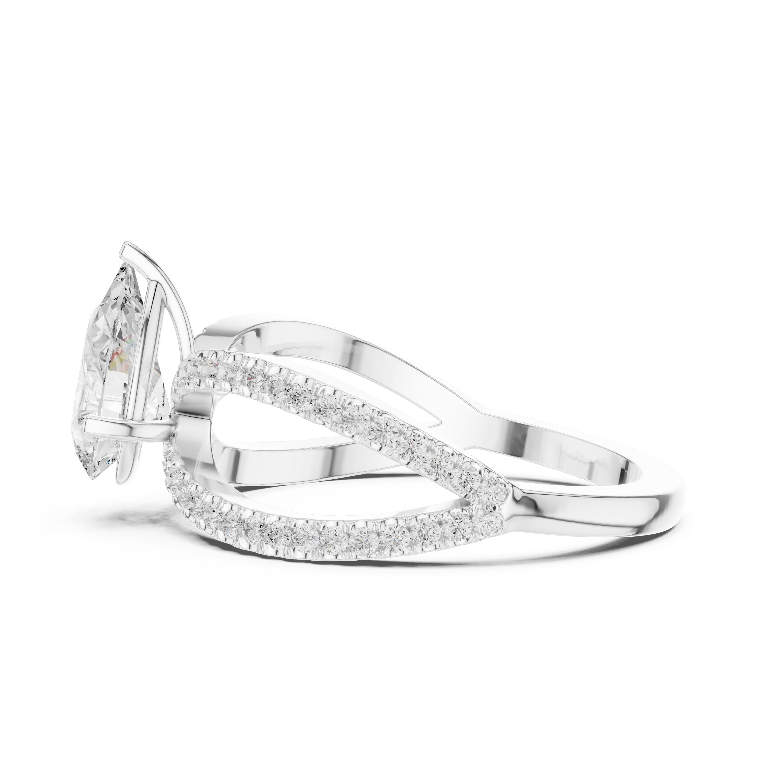 Pear Diamond Engagement Ring with Bypass Pavé Split Shank in White Gold - VYKA Diamonds