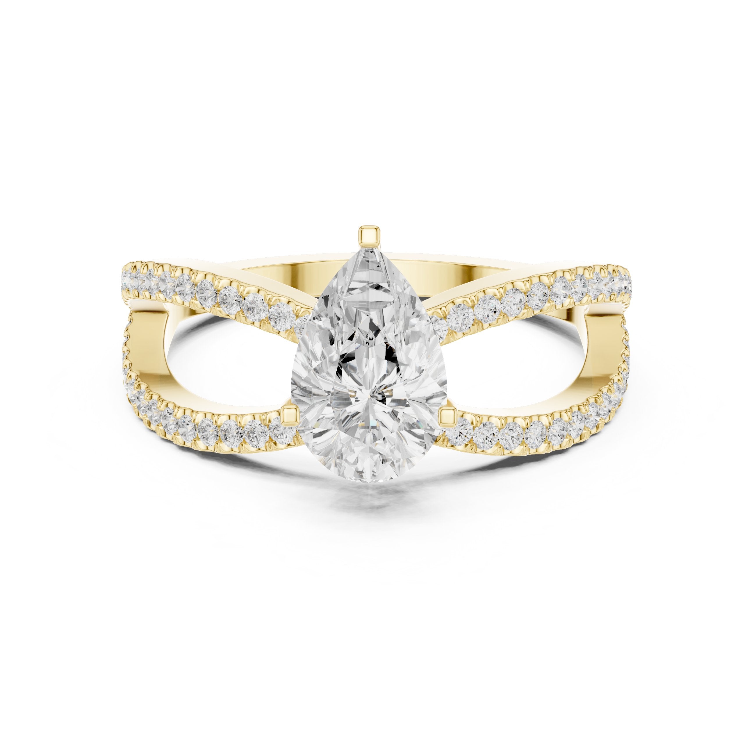 Pear Diamond Engagement Ring with Bypass Pavé Split Shank in Yellow Gold - VYKA Diamonds