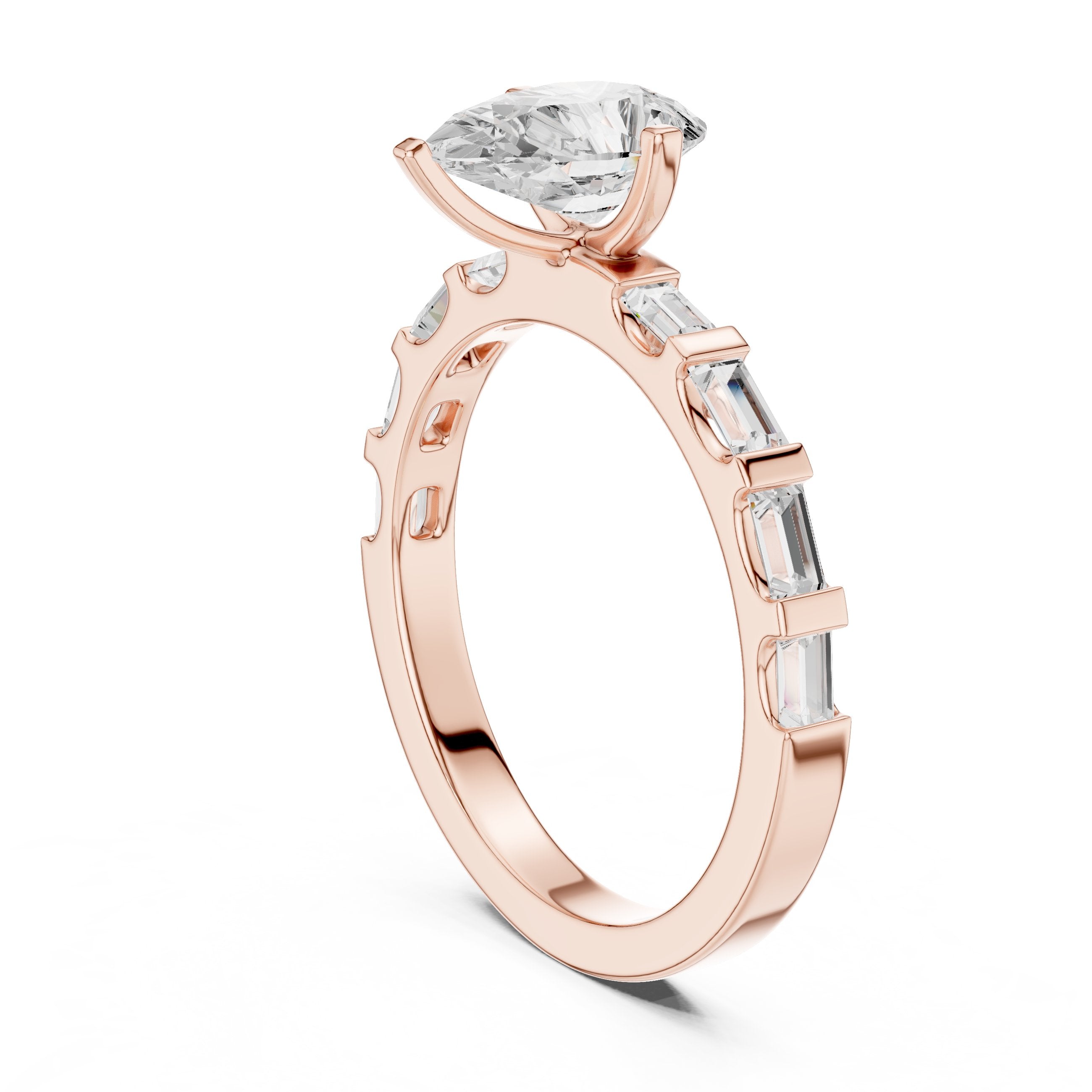 Pear Diamond Engagement Ring with Alternating Baguette and Round Band in Rose Gold - VYKA Diamonds