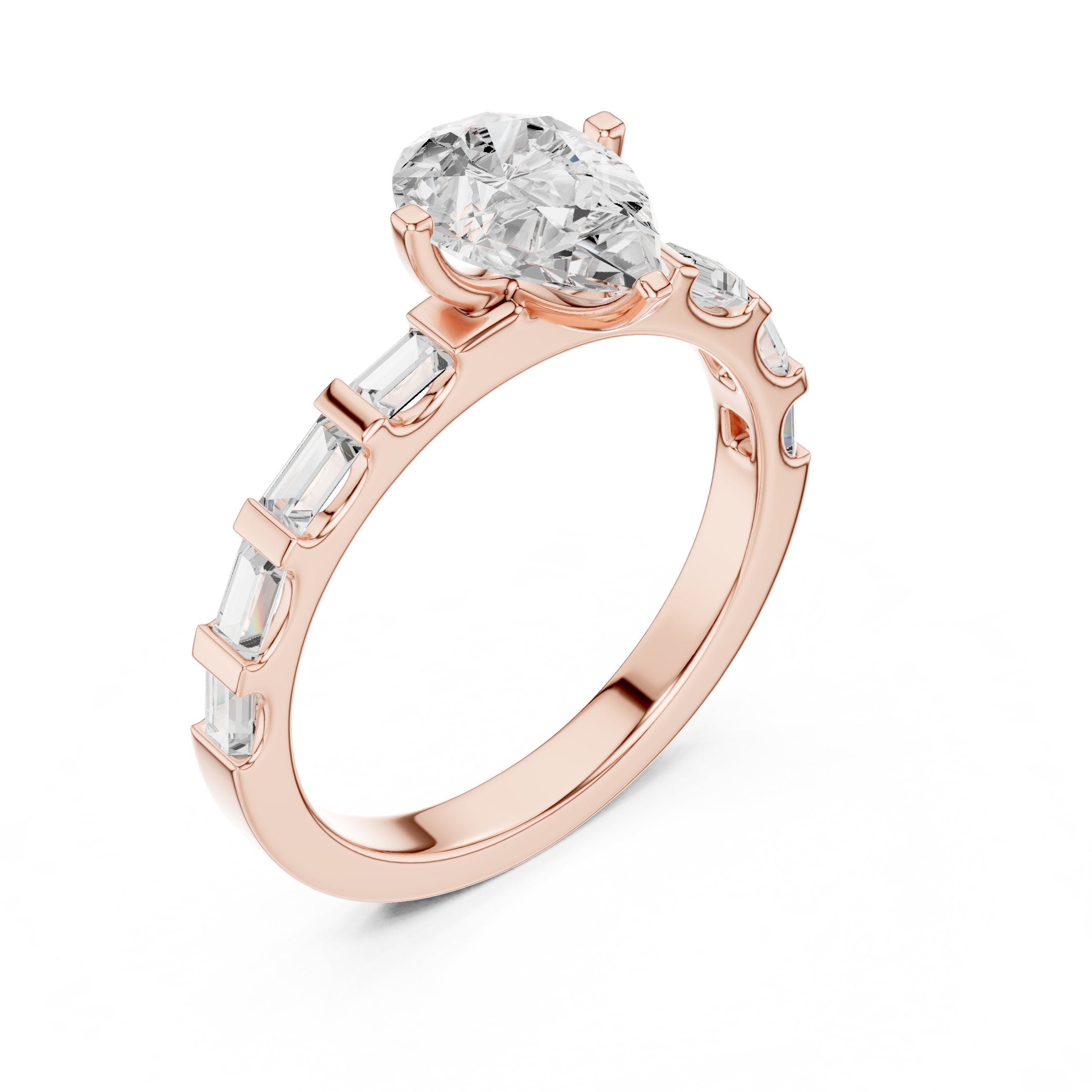 Pear Diamond Engagement Ring with Alternating Baguette and Round Band in Rose Gold - VYKA Diamonds