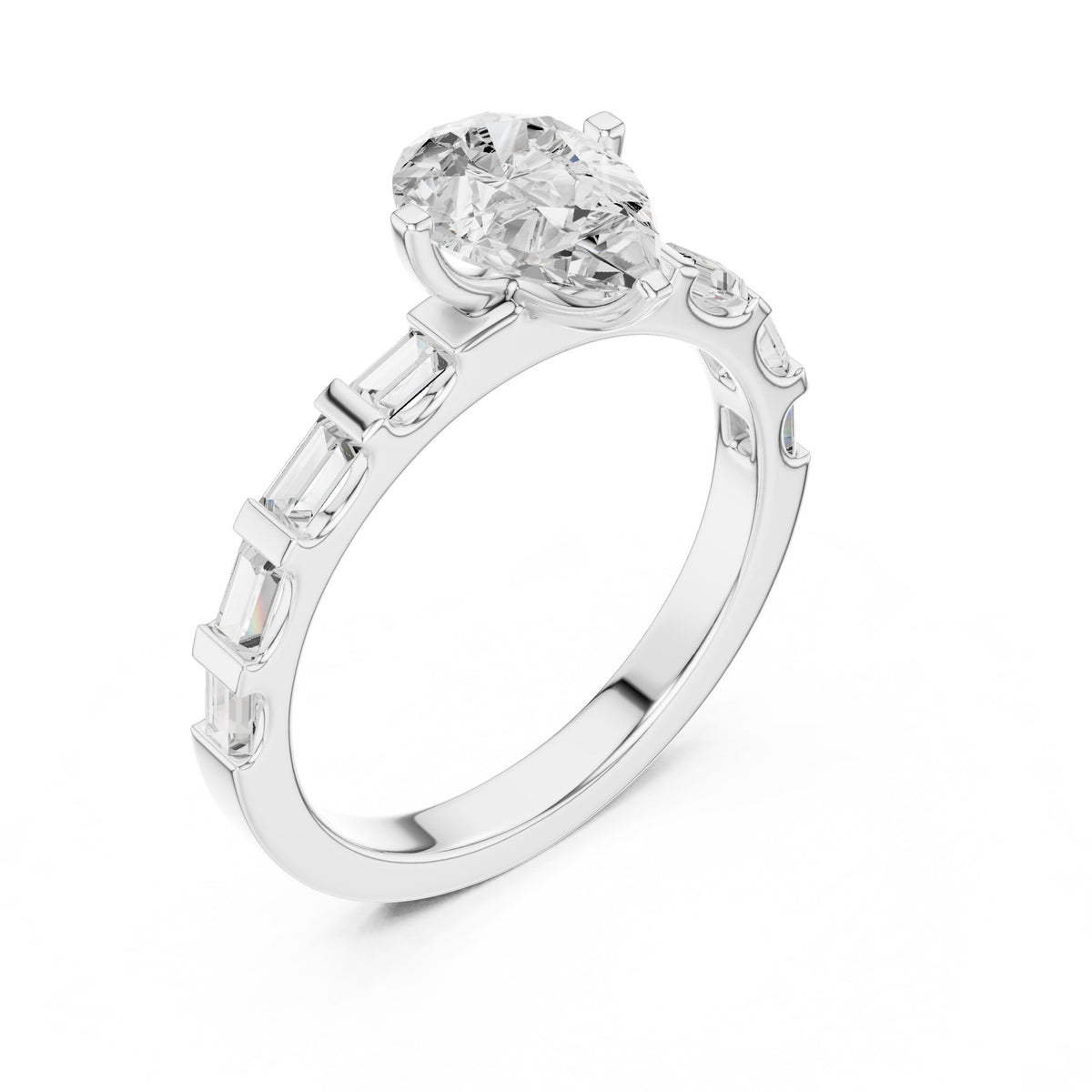 Pear Diamond Engagement Ring with Alternating Baguette and Round Band