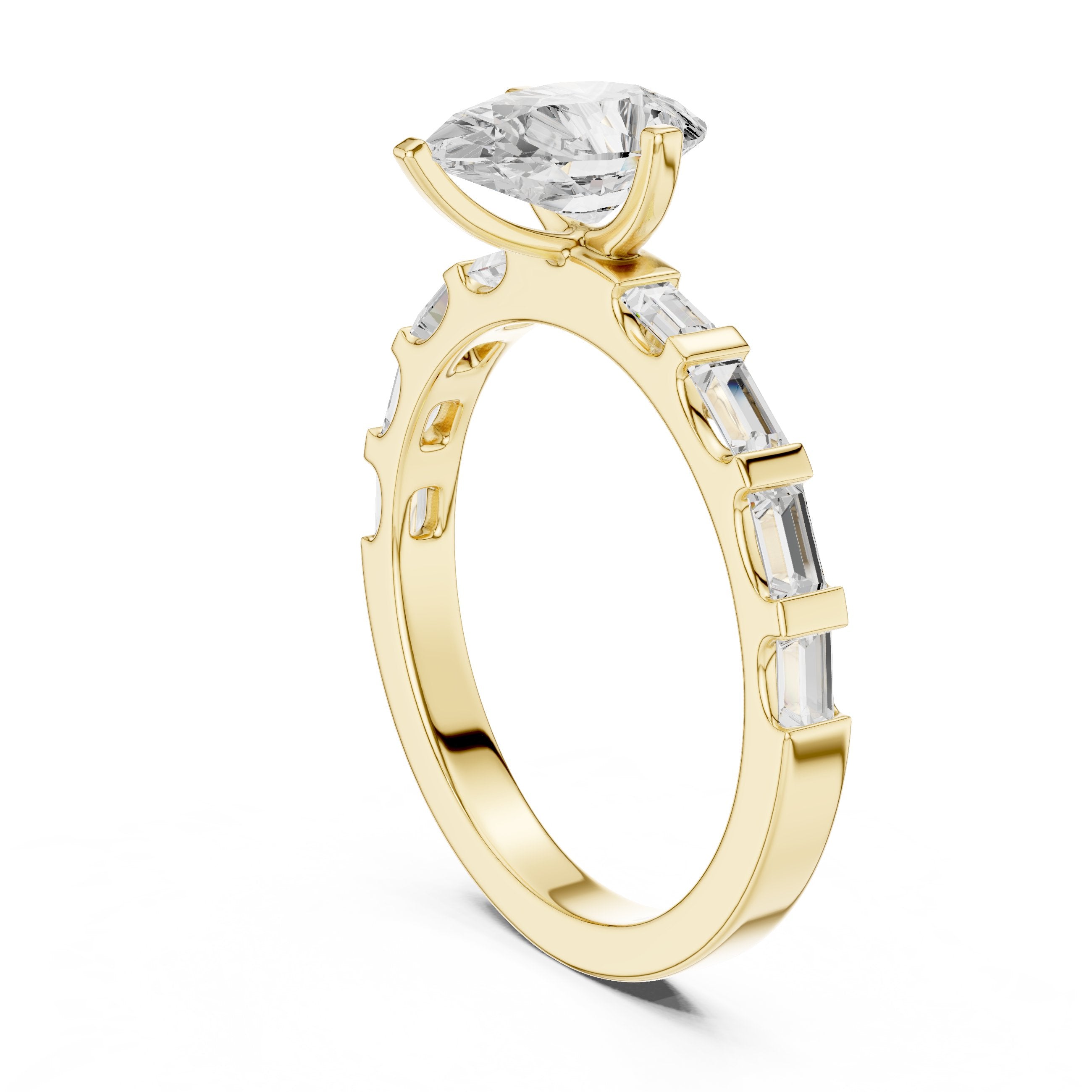 Pear Diamond Engagement Ring with Alternating Baguette and Round Band in Yellow Gold - VYKA Diamonds