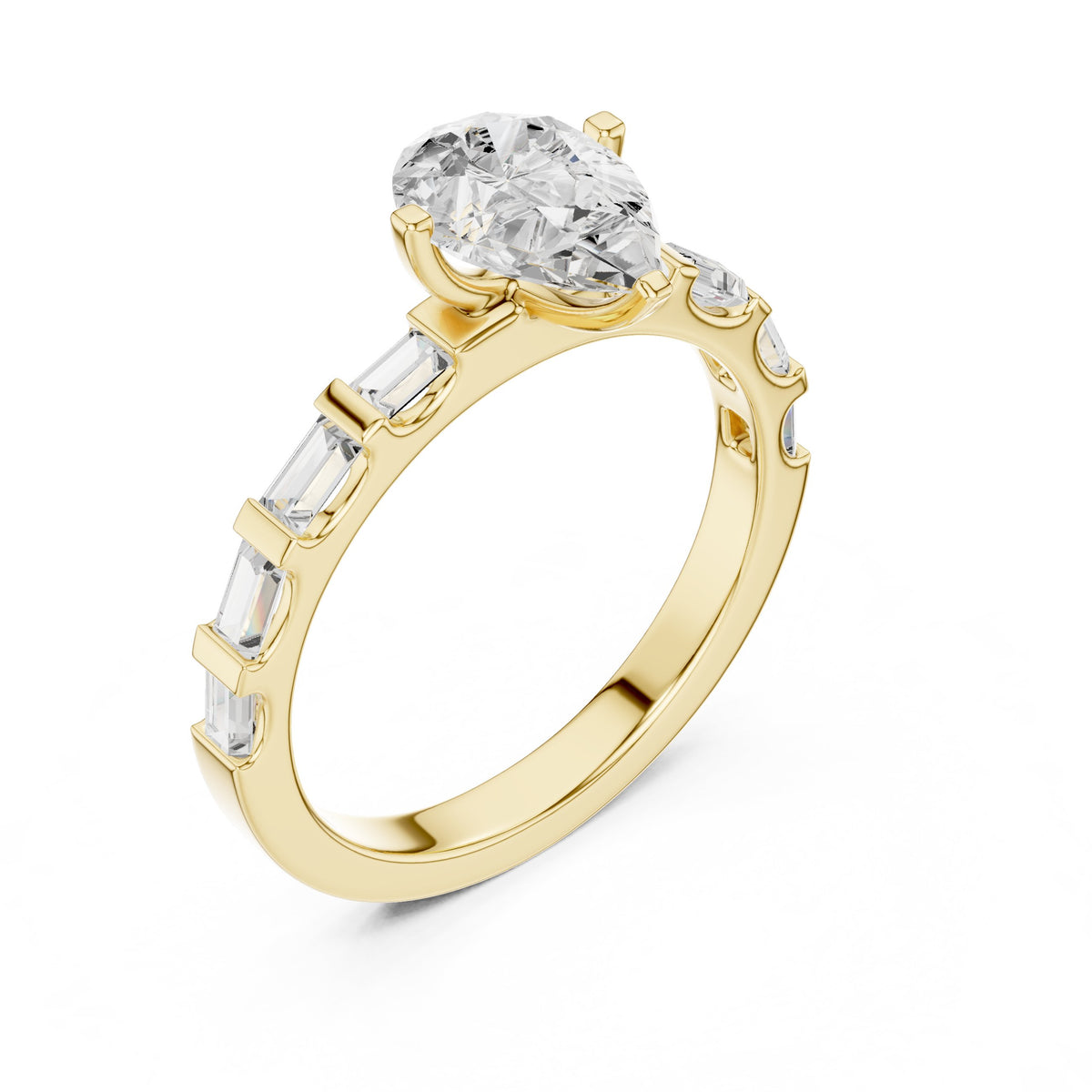 Pear Diamond Engagement Ring with Alternating Baguette and Round Band