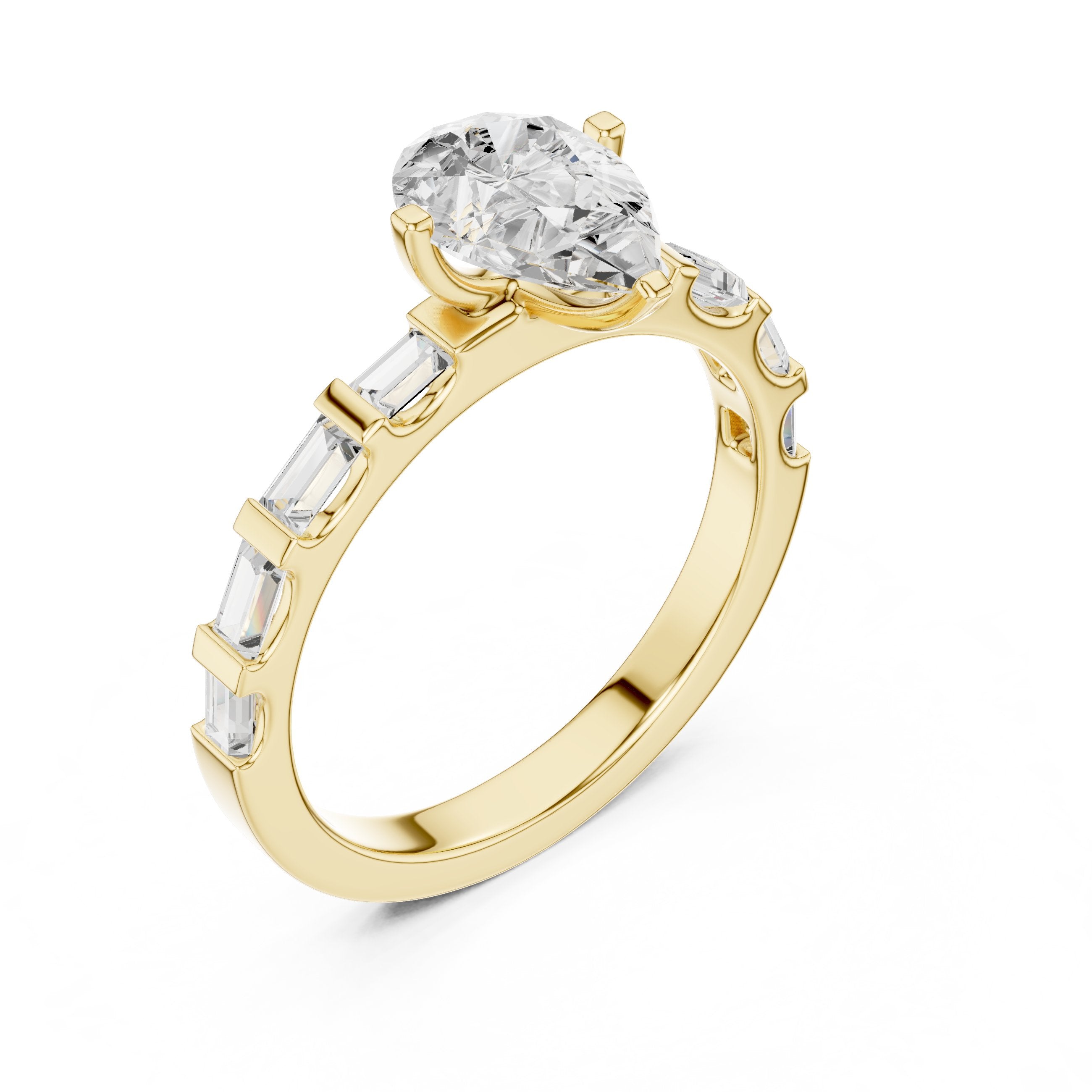 Pear Diamond Engagement Ring with Alternating Baguette and Round Band in Yellow Gold - VYKA Diamonds